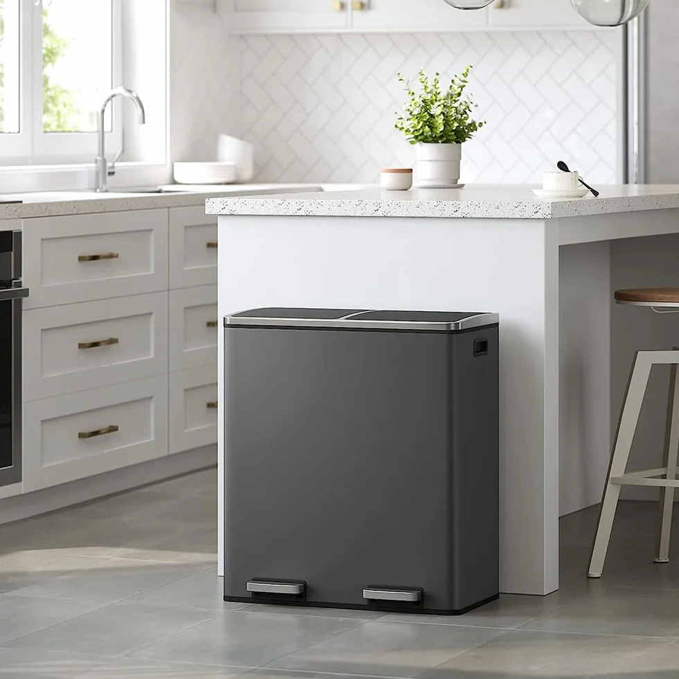 Panana Poubelle à Double Compartiment 60L 2x30L Pédales Métal Sacs Poubelles Gris