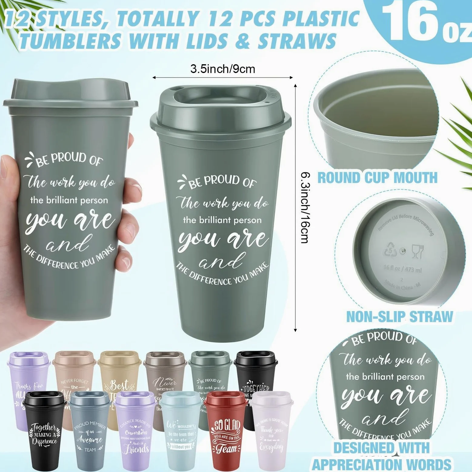 LemonRoad Lot de 36 gobelets en plastique de 473,6 g avec couvercle et paille inspirants pour tasse à café inspirante - Mini carnets à spirale et stylos - Cadeau de remerciement pour le personnel et