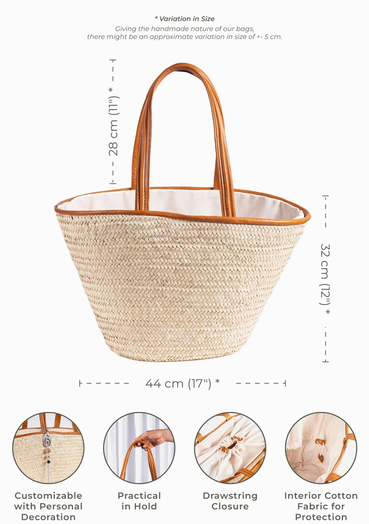 Sac de courses - En Osier Naturel - Avec Doublure et Poche - Finitions et Poignée en Cuir - Pratique, grande capacité et Multi-usage