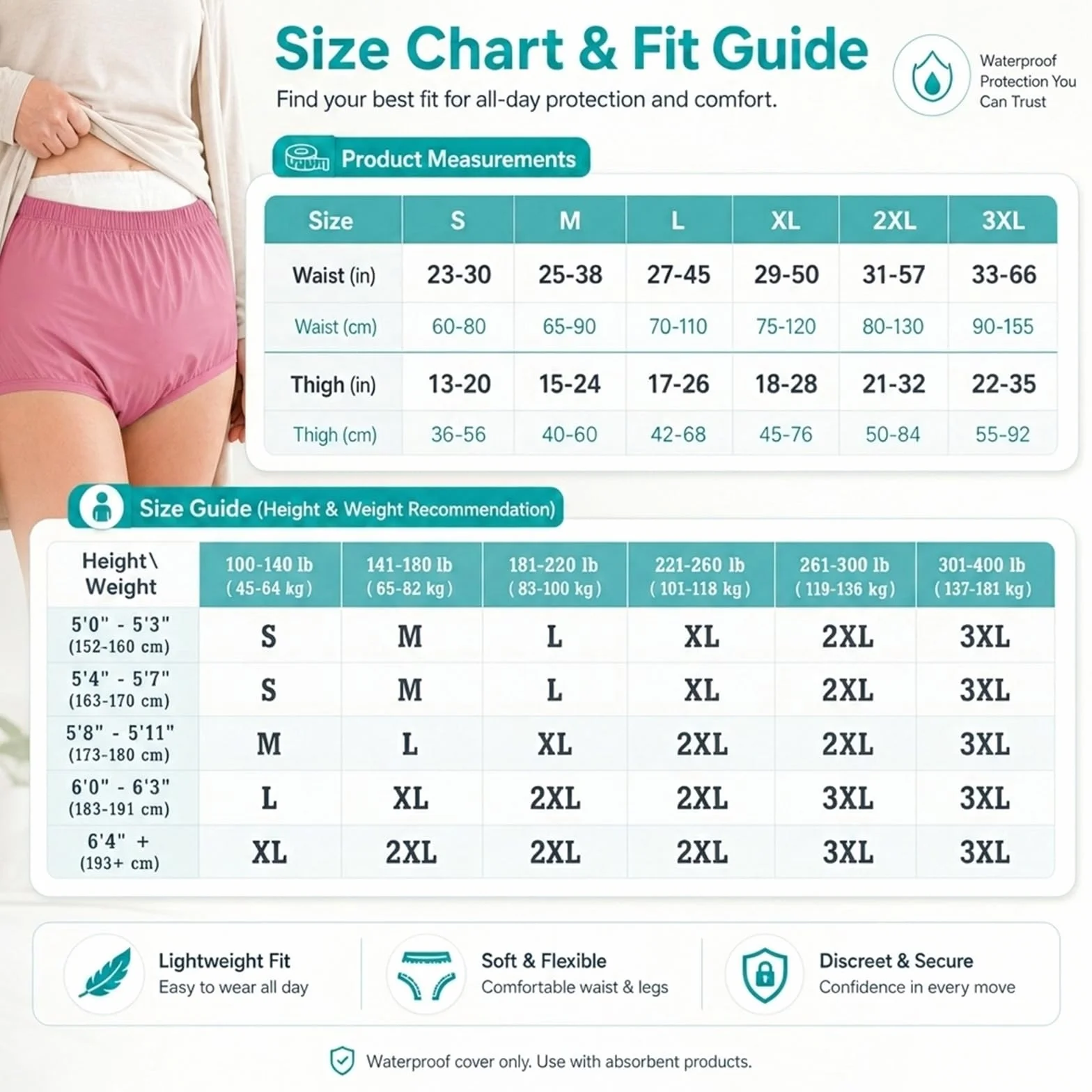 AQX Culottes étanches incontinence adulte lavables réutilisables taille M rose