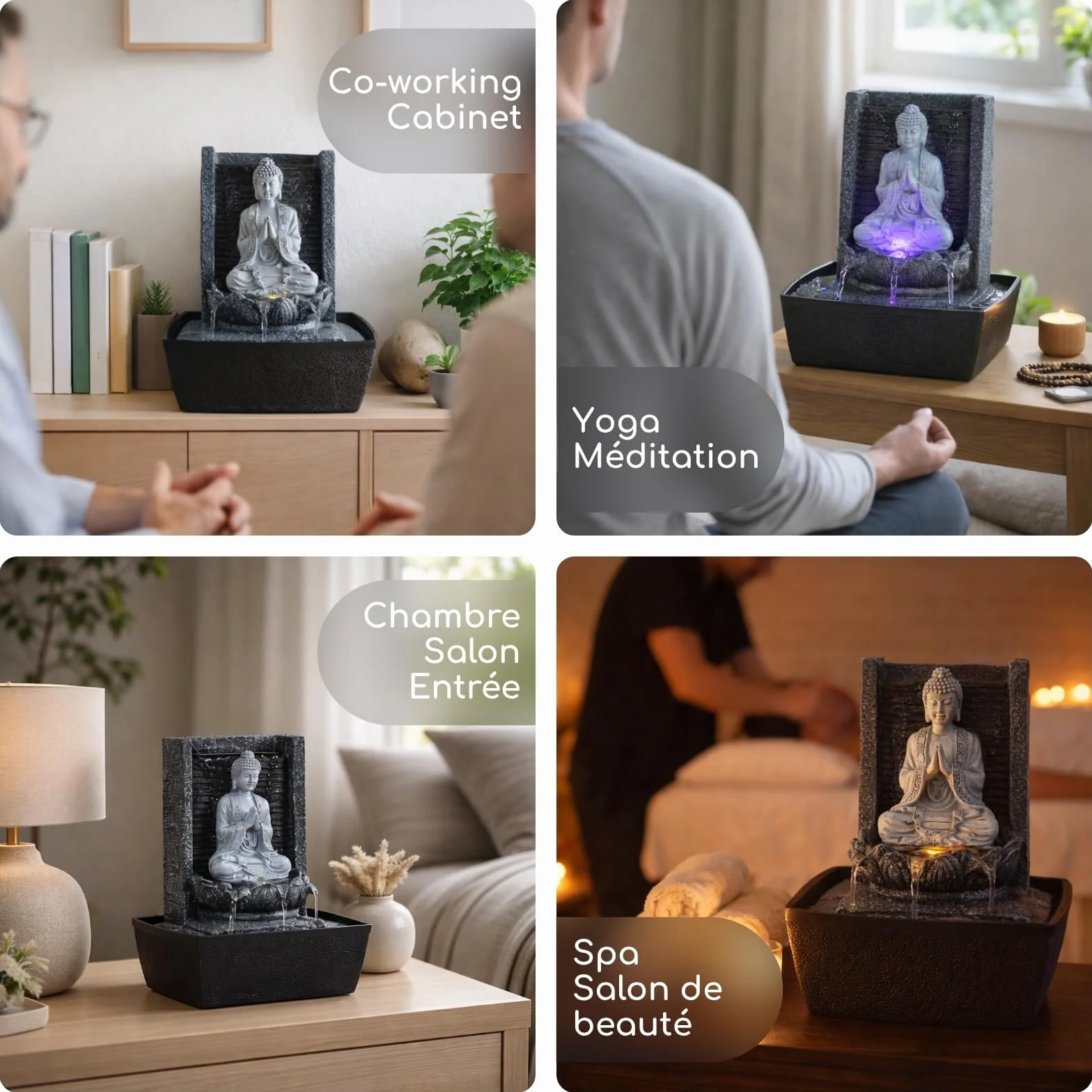 Fontaine d'Intérieur Bouddha Mur d'Eau Cascade Lotus Lumière LED Blanc Déco Zen Salon Chambre Feng Shui H 26cm