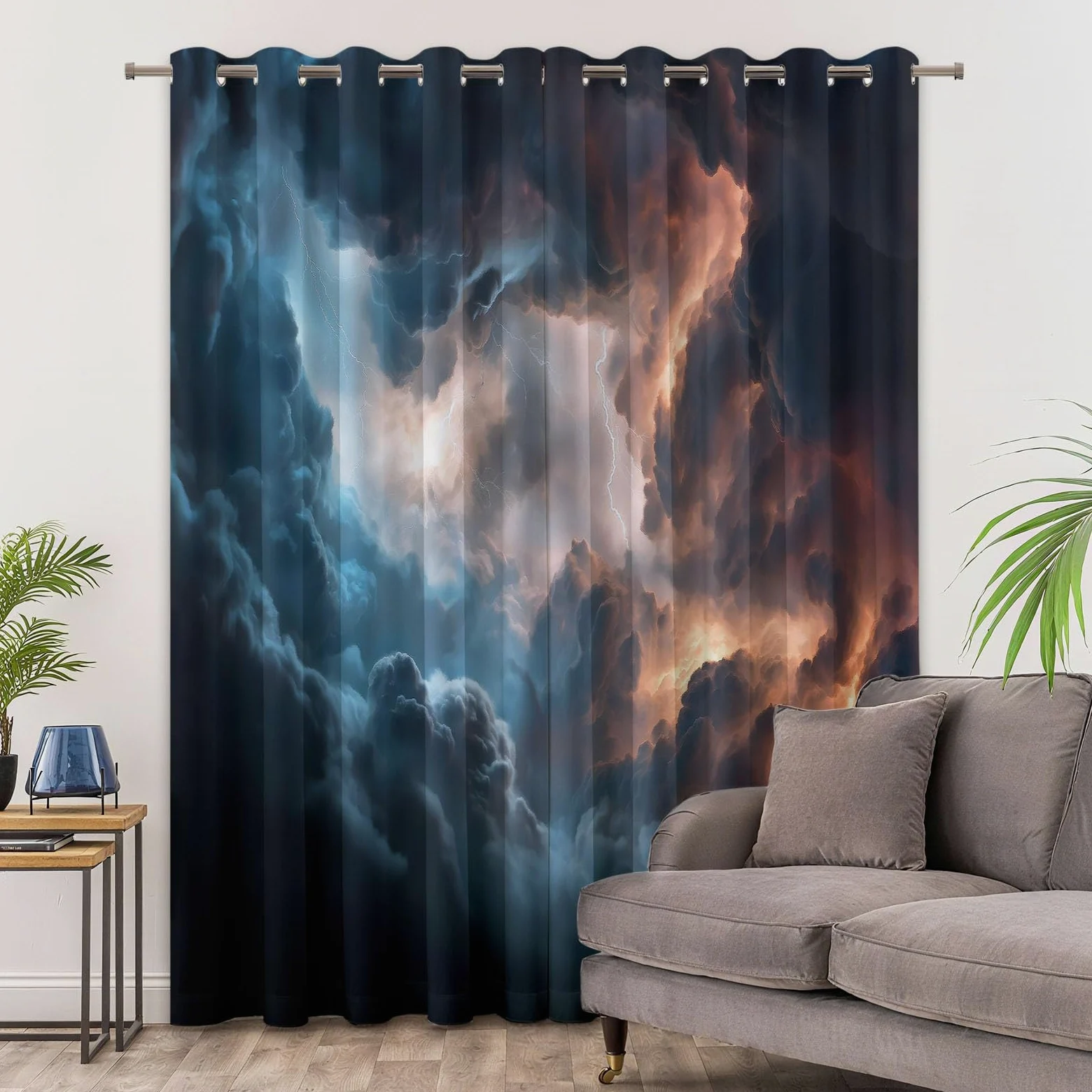 Rideau Occultant Gris, Style Fantastique Nuages Sombres Éclairs Rideaux à Oeillets, Rideau Thermique Isolant Anti Froid et Chaleur pour Salon Chambre Fenetre Décoration 110L x 215H cm Lot de 2