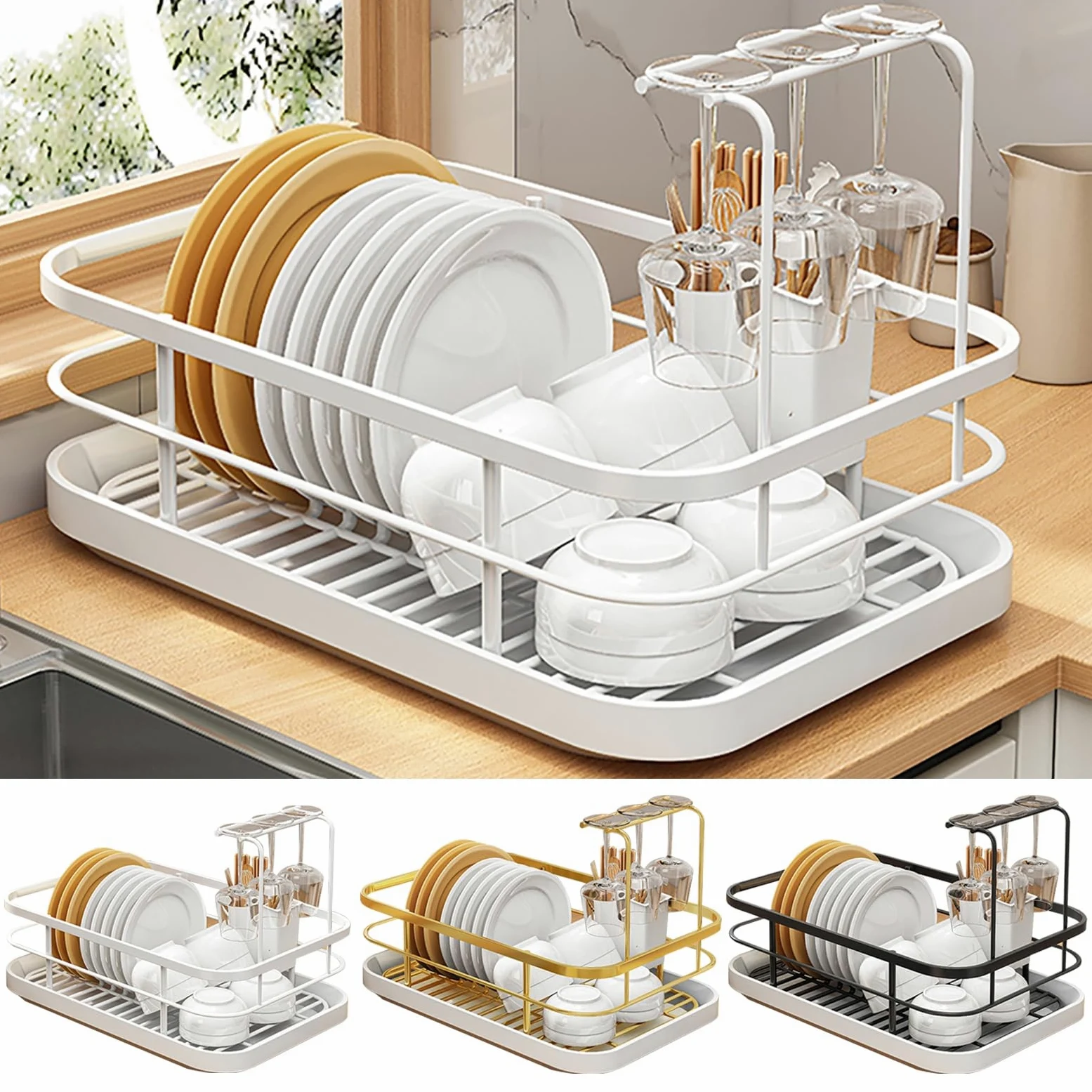 Égouttoir à vaisselle réglable en acier inoxydable avec support à couverts - Design ventilé - Doré