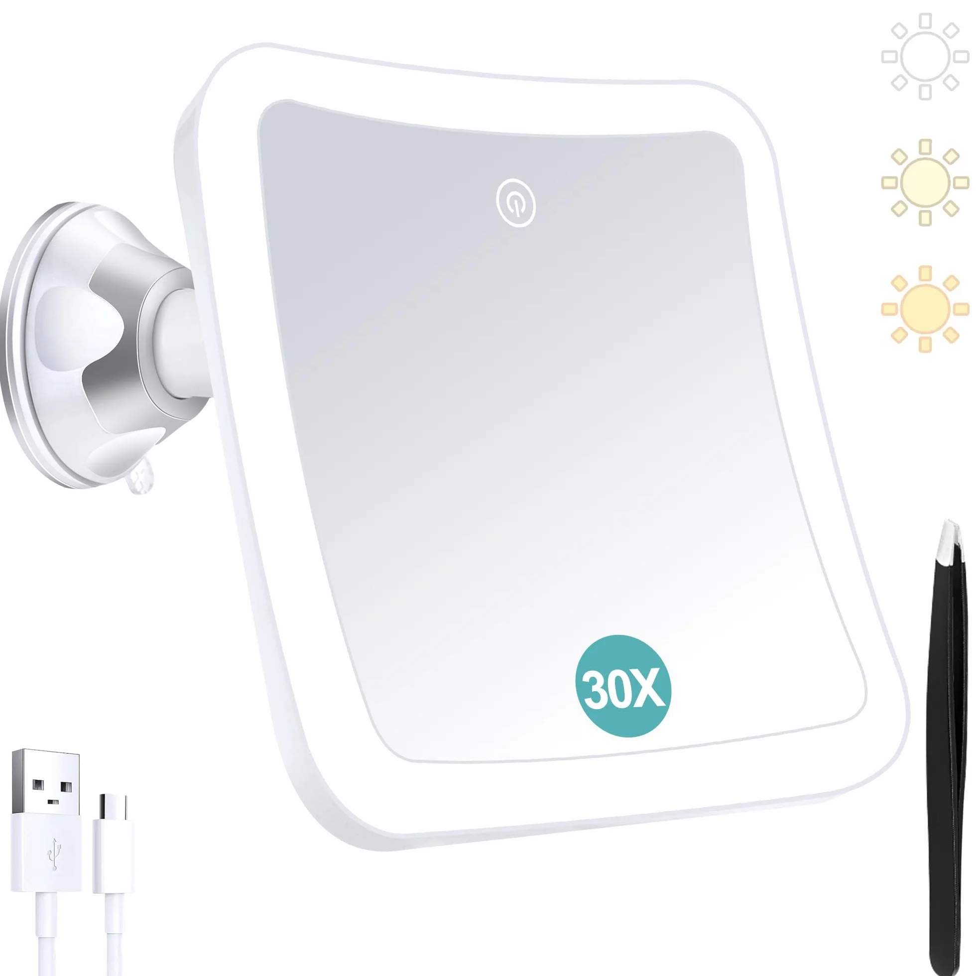 Miroir grossissant 30x avec lumière, maquillage lumineux rechargeable, contrôle tactile, rotation 360°, carré salle de bain voyage