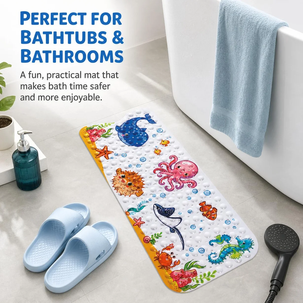 Tapis de Bain Antidérapant Bébé 100x40 cm Ventouses Motif Pieuvre Rose