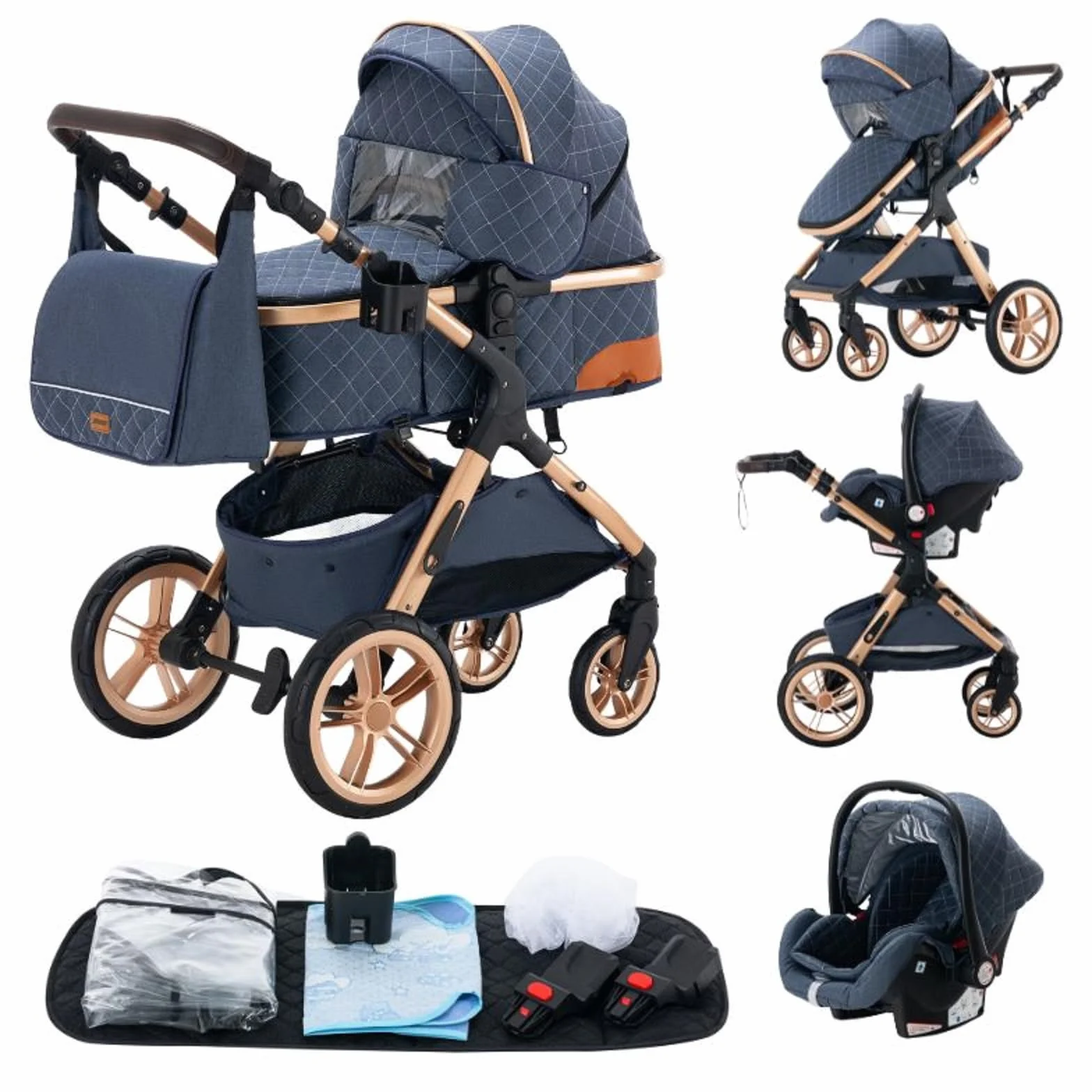 Poussette 3 en 1 Citadine Combinée Tricycle Baby Walker Haute Paysage Pliante Trolley Bébé Landau 0-36 Mois Bleu