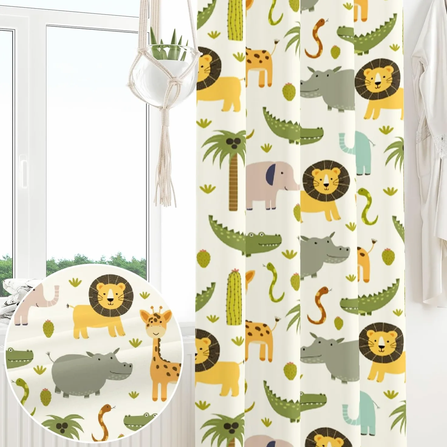 135x245cm Rideau à œillets Animaux pour Chambre d'enfant Girafe Lion Tropical Jungle Mignon Dessin animé Occultant Isolant Rideaux de fenêtre pour Salle de Jeux Salon,1 Panneau Simple