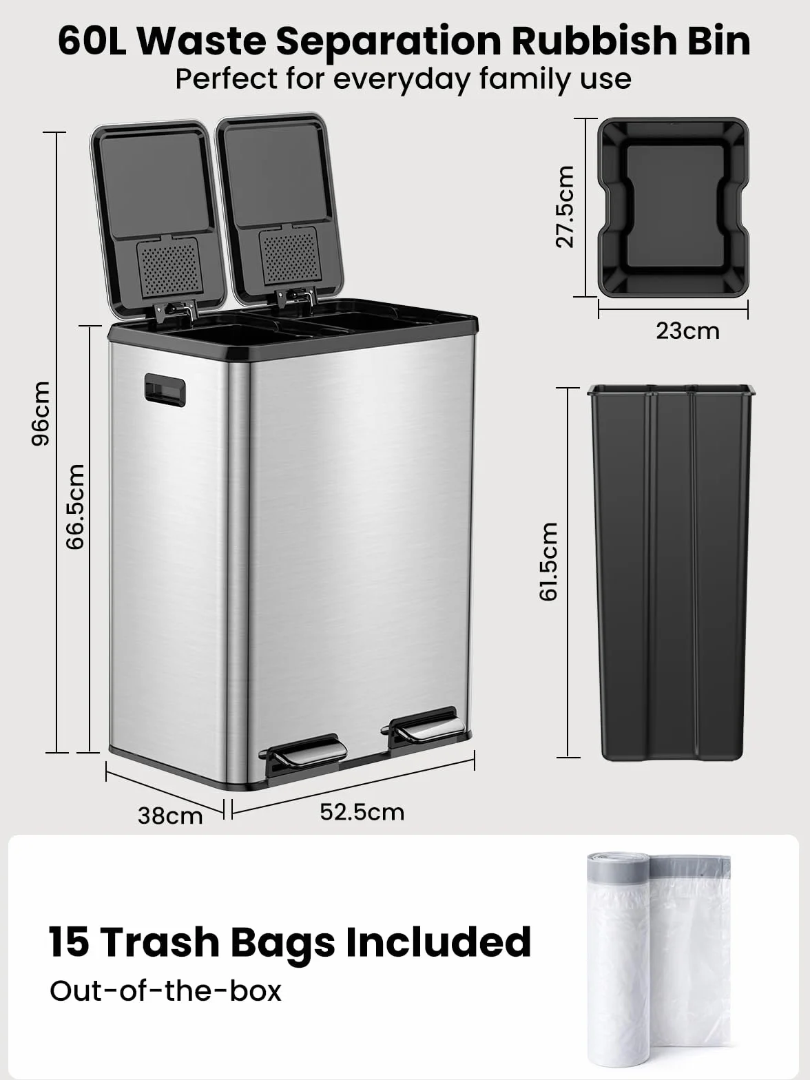 YEAUPE PRO Poubelle Cuisine 60L à Pédale, 2x30L Tri Sélectif Double Compartiment Inox