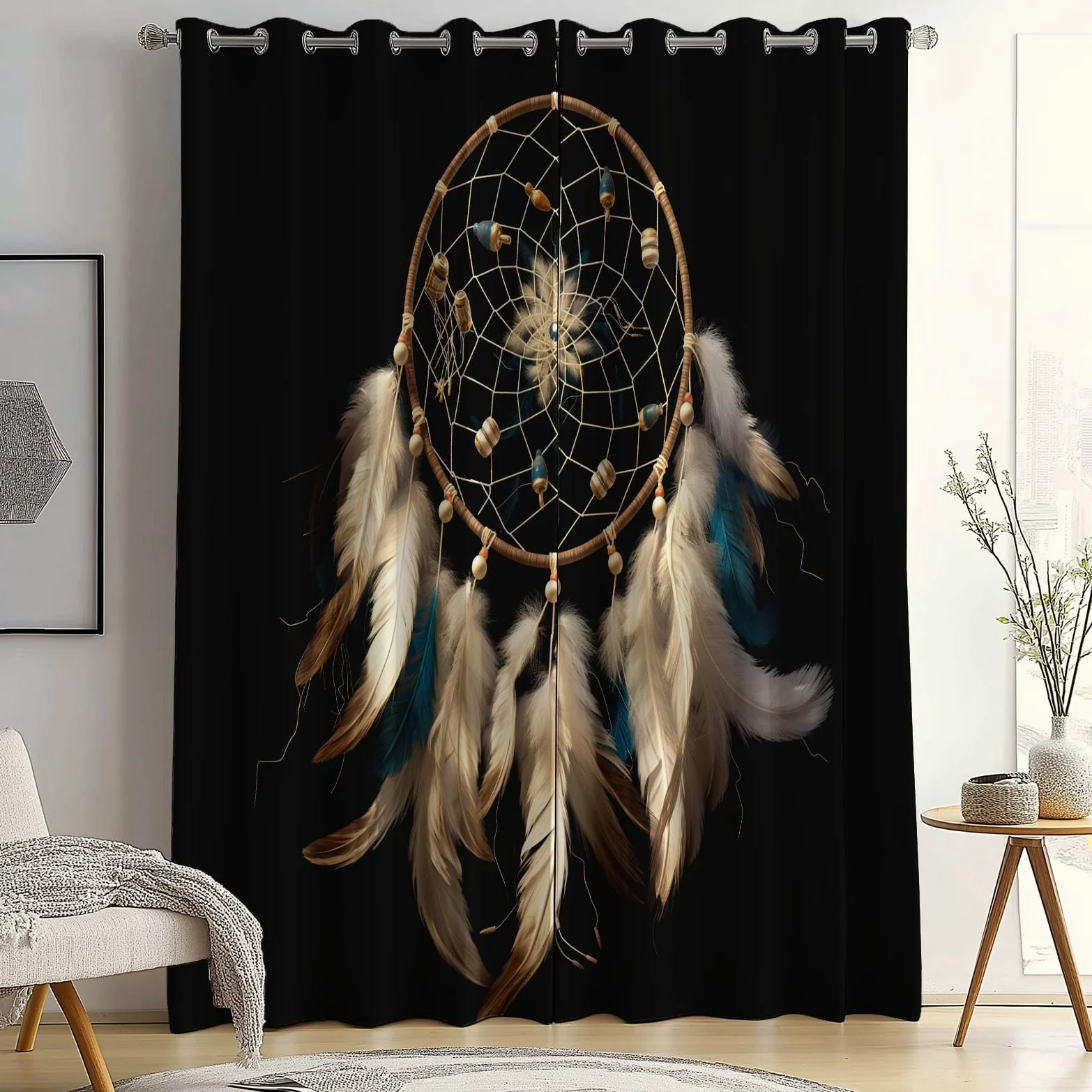 Rideau Occultant Noir Imprimé pour Salon Chambre Fenetre 85L X 200H cm (2 Panneaux) Rideaux à œillets d'intérieur isolés pour la Maison Bohème Fantastique Attrape-rêves Chambre Décoration Rideaux