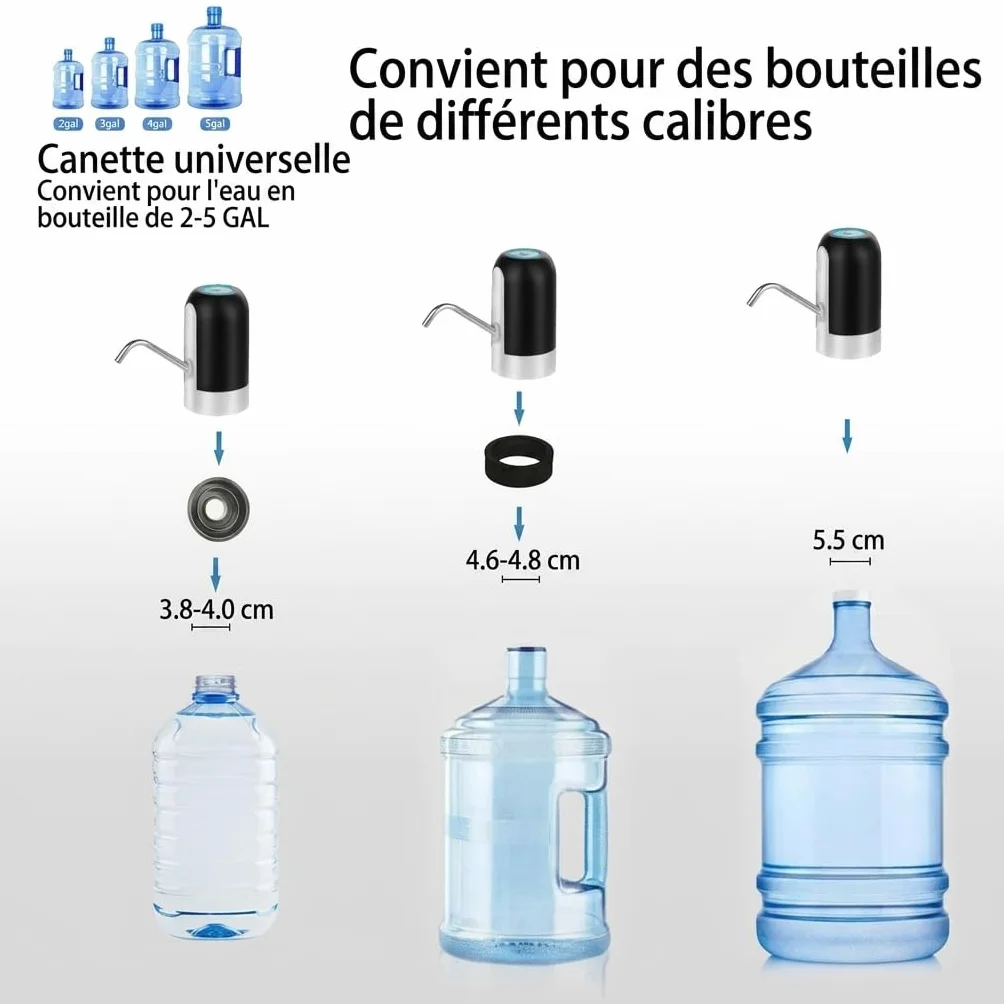 Pompe à Bouteille d’Eau Électrique Portable, 2 Adaptateurs, 2 Tuyaux, Silicone, Plastique, Noir Blanc