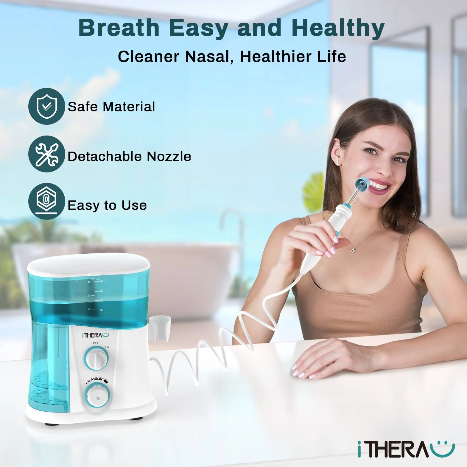 I-THERA-U Kit Lavage de Nez Adulte 1000ML Réservoir d'Eau Détachable avec 4 Embouts Rinçage Nasal Irrigation Nasale