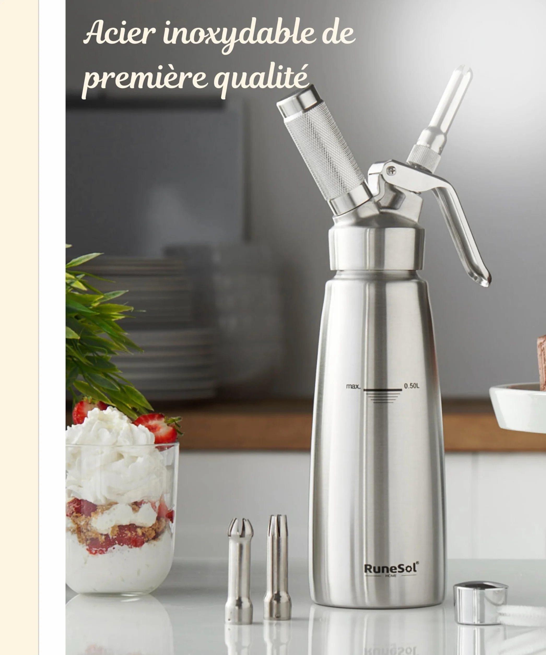 Runesol Siphon Chantilly Professionnel Inox 500ml 3 Douilles Acier Inoxydable 1 Brosse Siphons Cuisine Patisserie