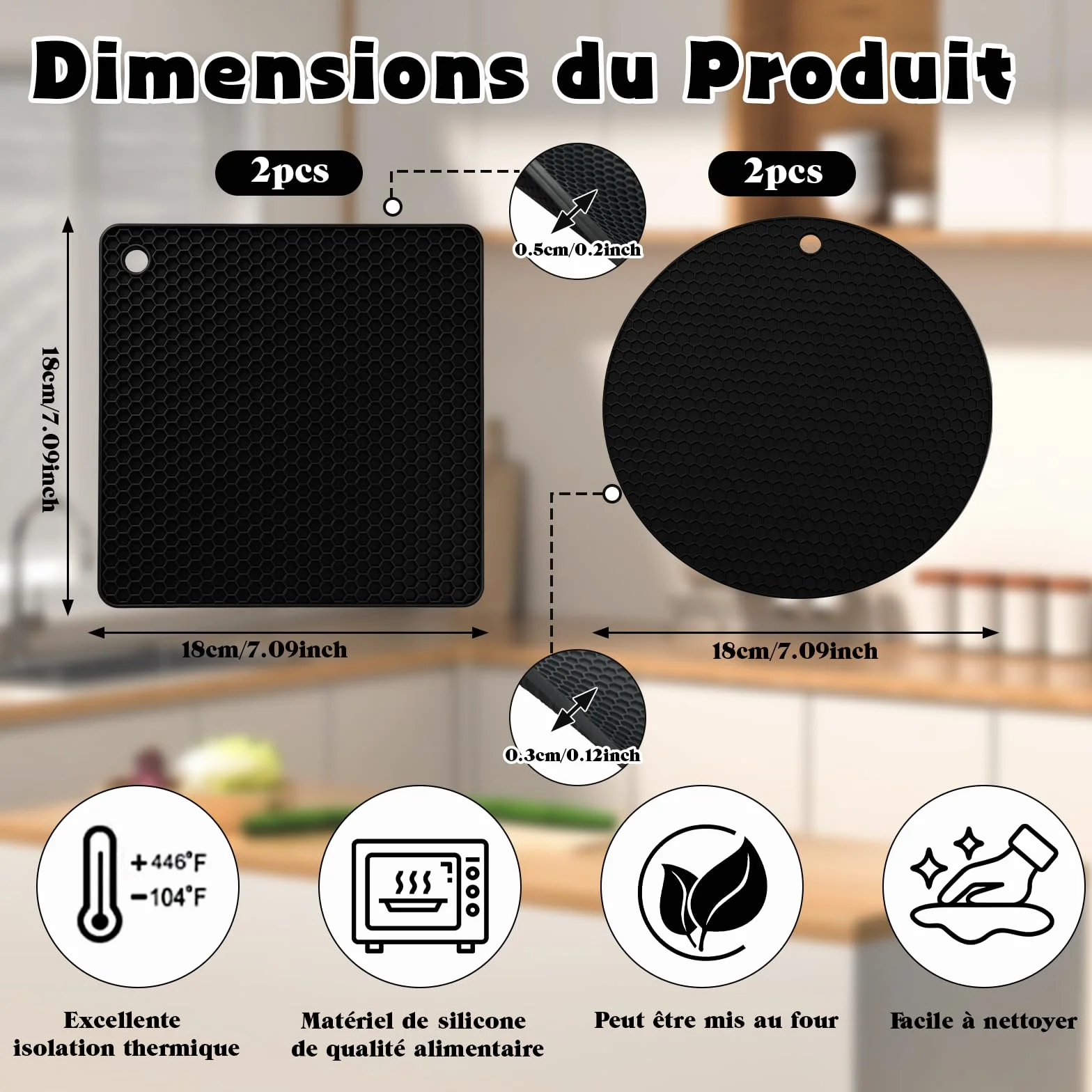 Scettar 4 Pcs Dessous de Plat en Silicone Noir pour Casseroles et Poêles Chaudes