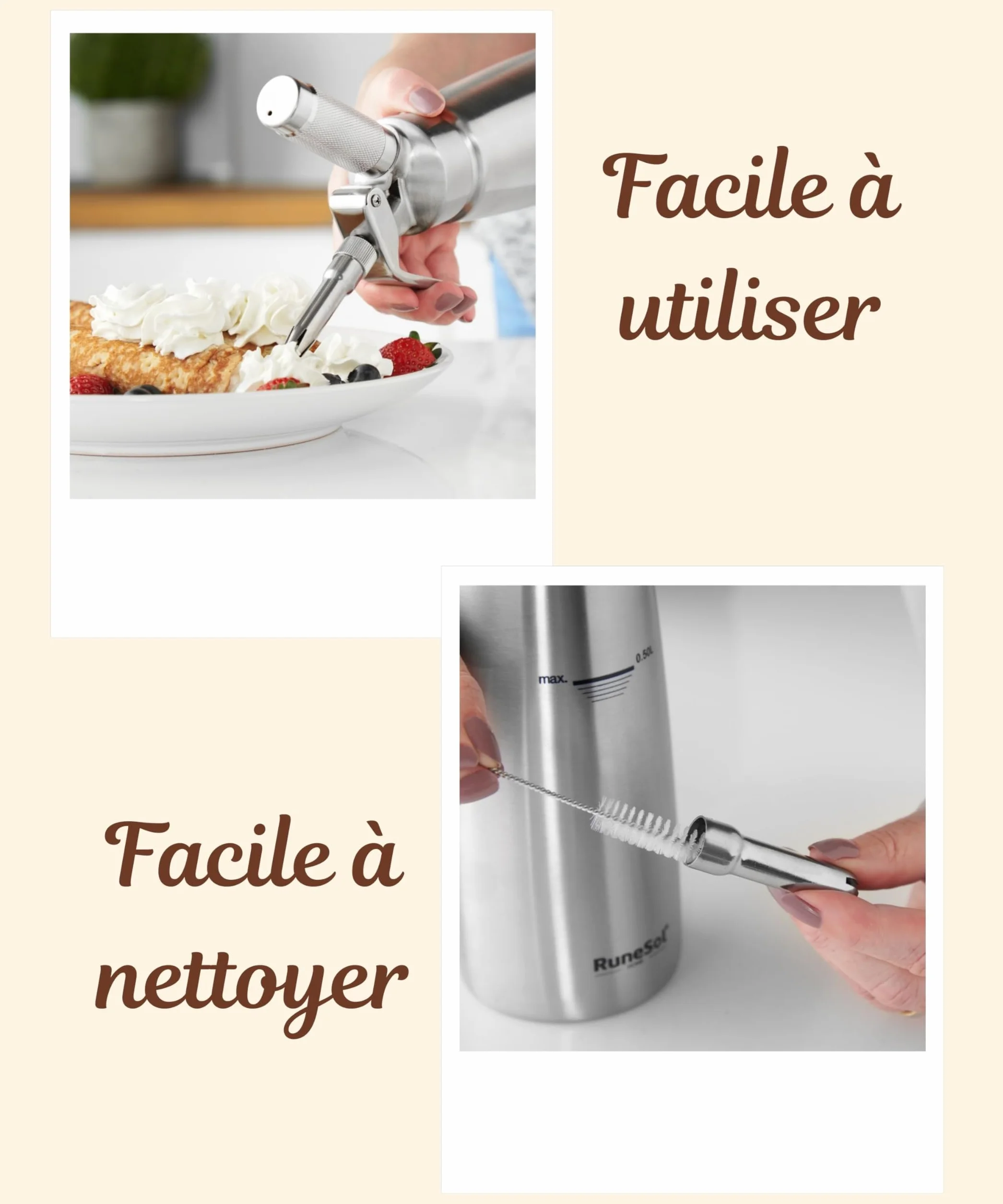 Runesol Siphon Chantilly Professionnel Inox 500ml 3 Douilles Acier Inoxydable 1 Brosse Siphons Cuisine Patisserie