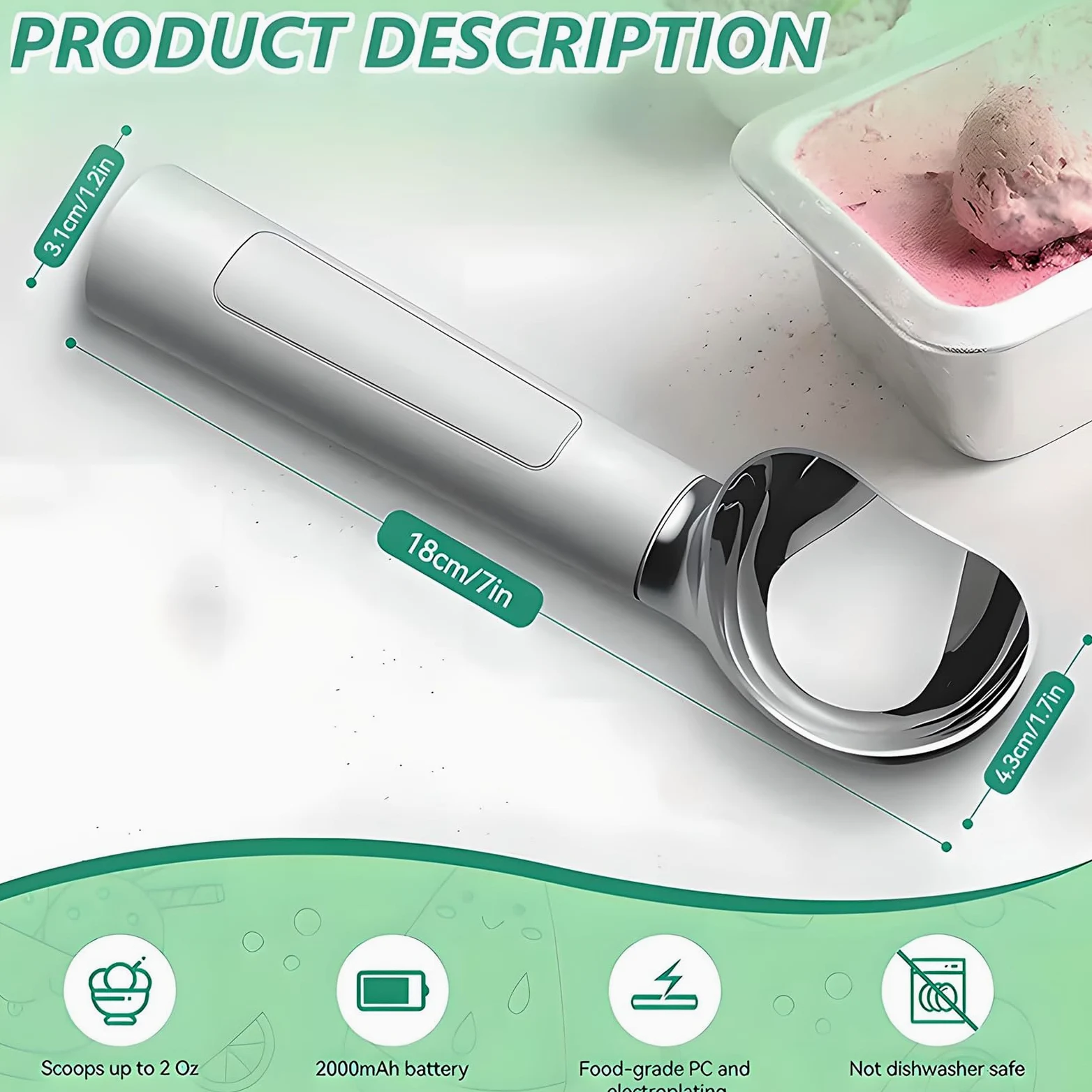 Cuillère à Glace chauffante Intelligente 2000 mAh, thermostatique et chauffante, avec écran LCD numérique et 5 cuillères à Dessert, étanche IP67, Interrupteur Automatique à détection Black