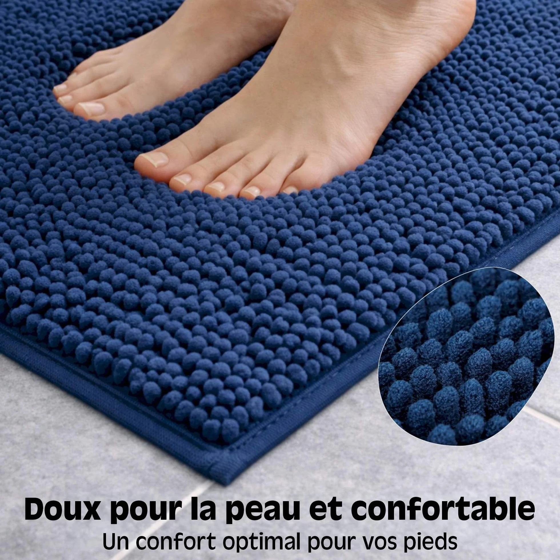 WohnDirect Tapis de Bain Antidérapant Chenille Microfibre Bleu foncé 45x45 cm Lavable Machine