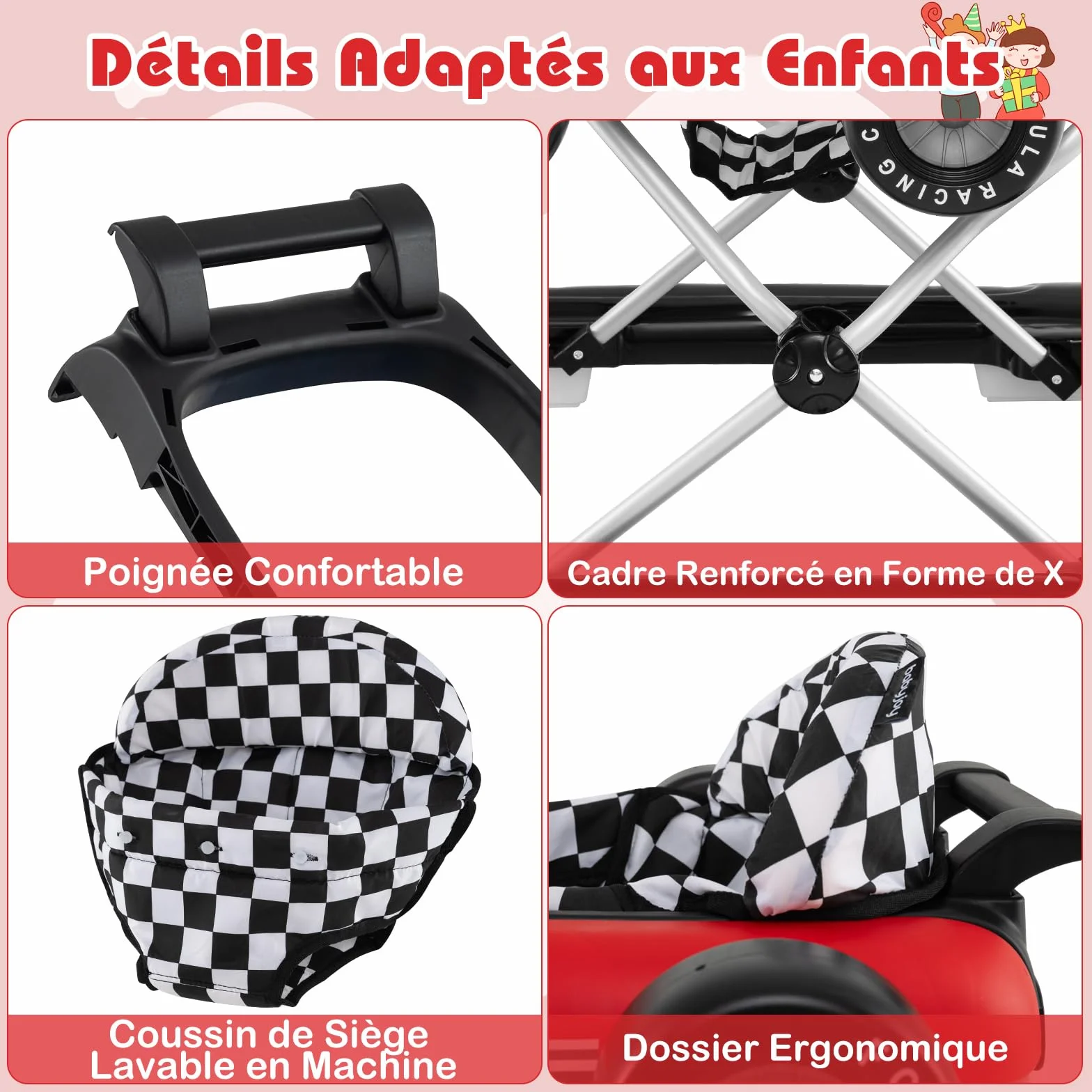 COSTWAY Trotteur Bébé Garçon Fille 3 Hauteur Réglable Pliable Évolutif Boîte à Musique Amovible Volant Roues Silencieuses Charge 12kg 6-18 Mois