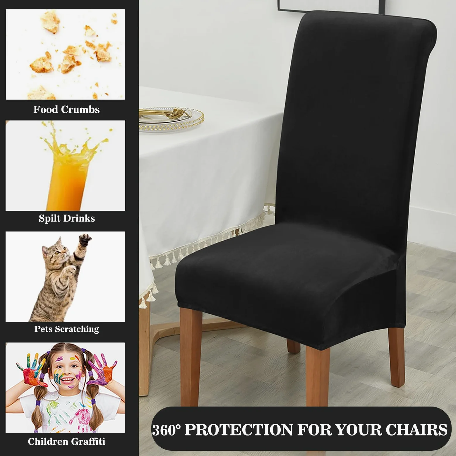 Alishomtll Lot de 6 housses de chaise à dossier haut en velours extensible, lavables et amovibles pour chaises de salle à manger, cuisine, banquet, fête de mariage (noir, 6 pièces)