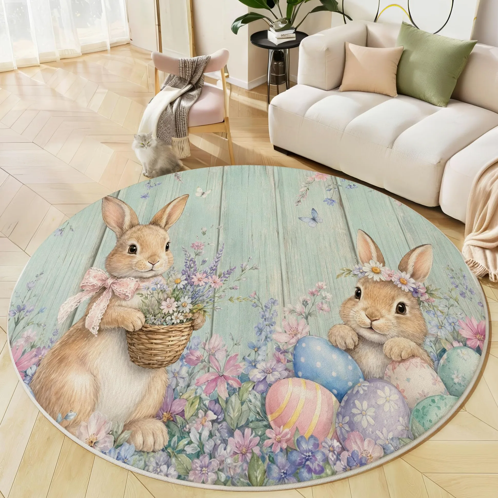 Tapis Rond Lavable Antidérapant Lapin De Pâques Mignon | Campagne Fleurs Grain De Bois Rond Tapis 120 Cm Doux Poil Ras Pour Salon Chambre Bureau, Vert Menthe Moquette Circulaire