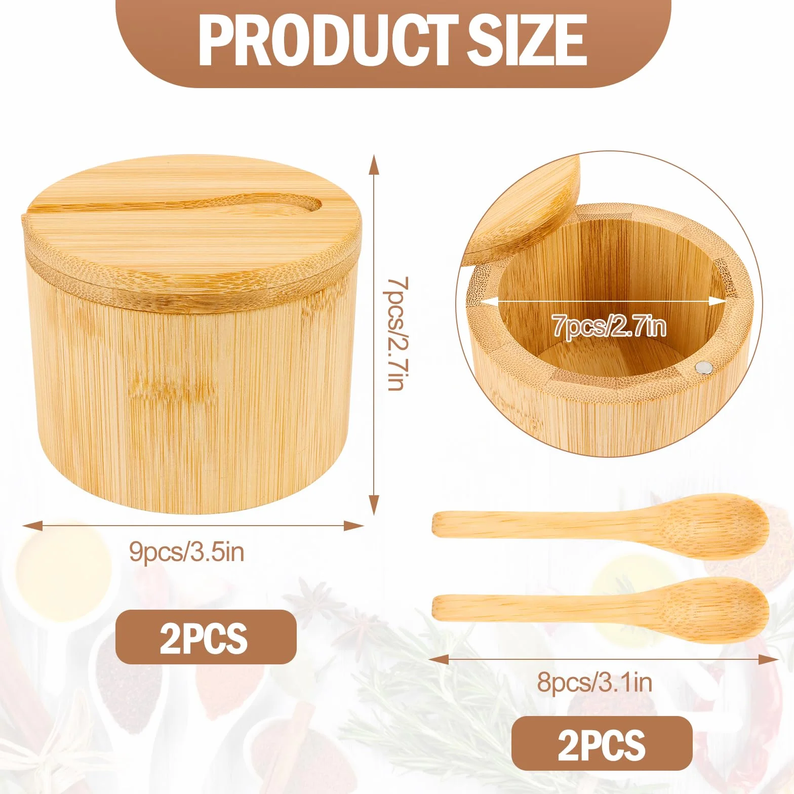 Lot de 2 boîtes à sel en bambou 6 oz avec couvercle pivotant magnétique