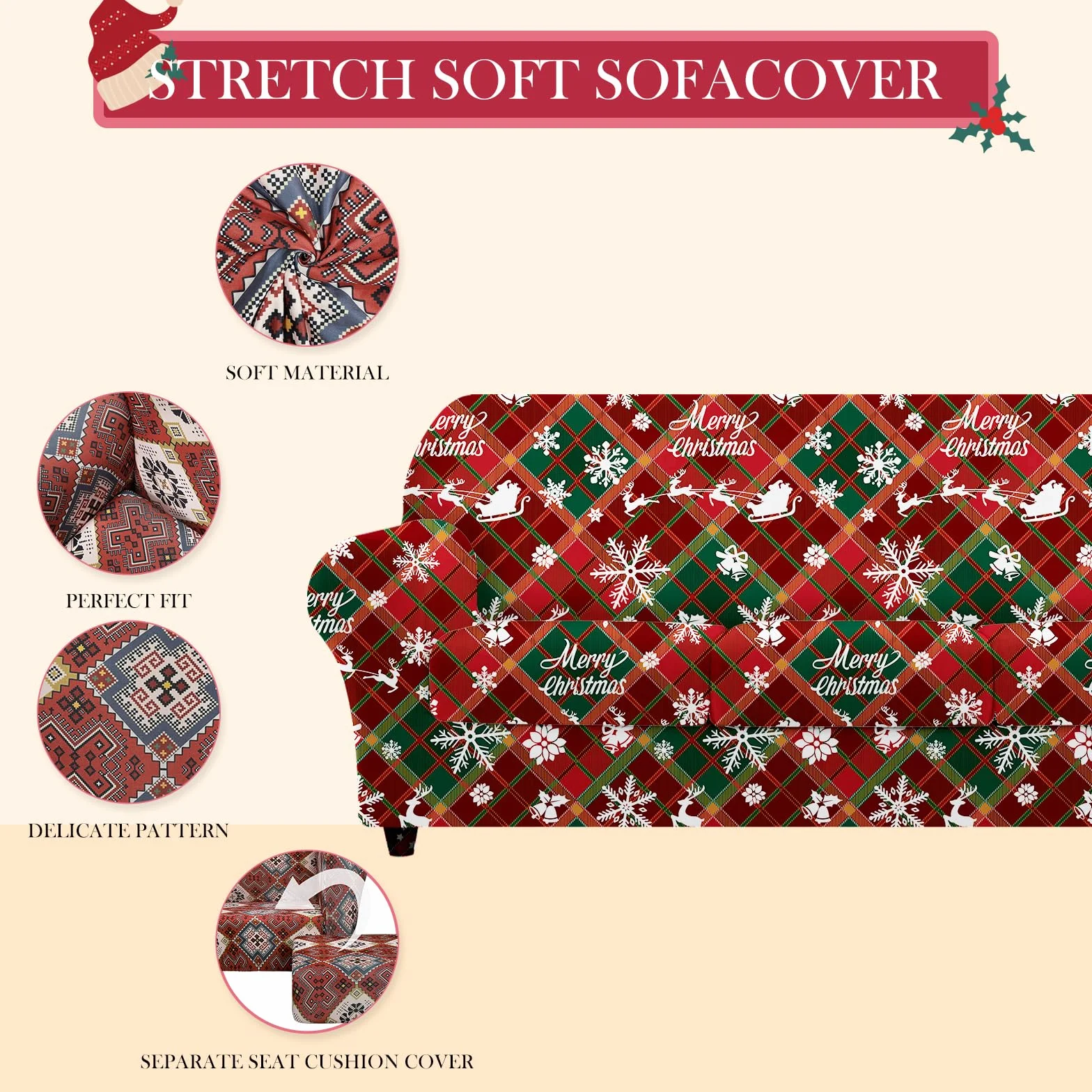 Lot de 4 Housses de Canapé 3 Places Noël Élastiques Extensibles Imprimées avec Accoudoirs Douces Antidérapantes Flocons de Neige