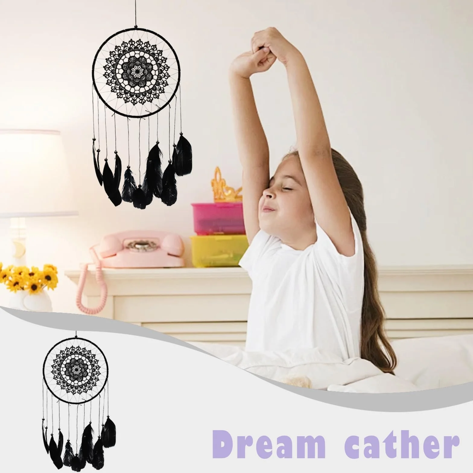 Attrape Rêve Fait à la Main avec Plumes et Perles, Suspendu pour Chambre à Coucher, Cadeau Artisanal (Noir)