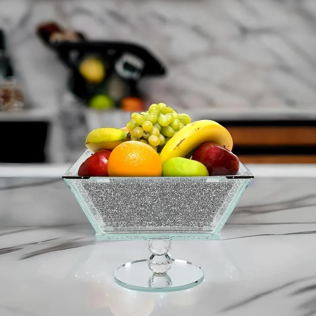 Corbeille à fruits en cristal extra large avec cadre en métal argenté de forme carrée