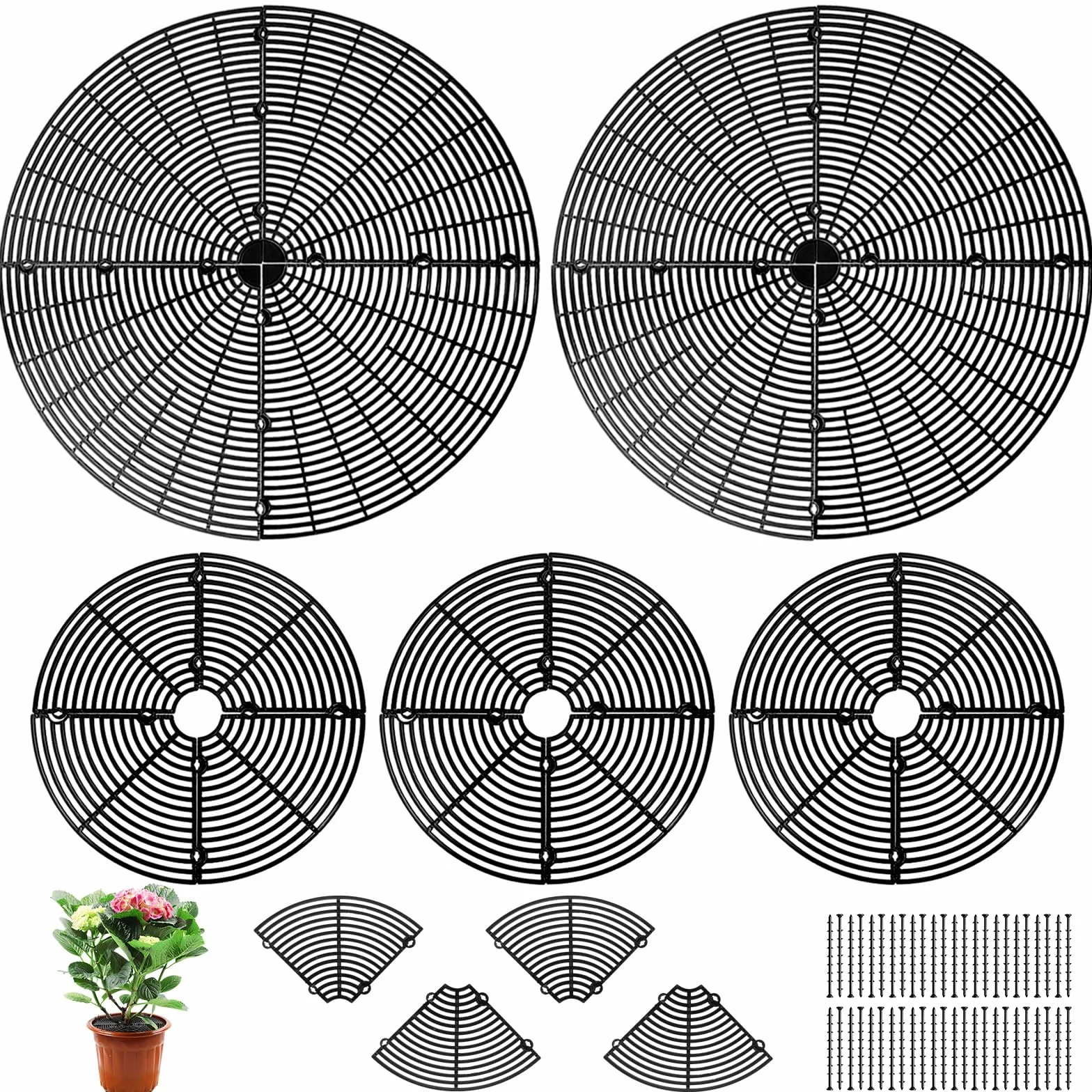 JMIATRY Lot de 5 grilles de protection pour pots de fleurs 30 cm + 52 cm noires