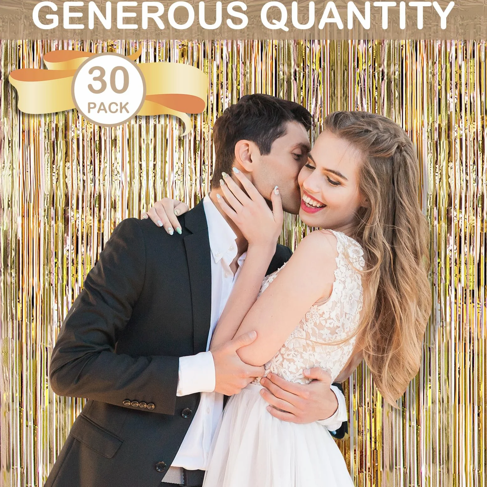 Lot de 30 rideaux à franges à franges en feuille d'or champagne – Accessoires pour fiançailles, mariage, fête prénuptiale, Nouvel An, Saint-Valentin – 10 x 2 m