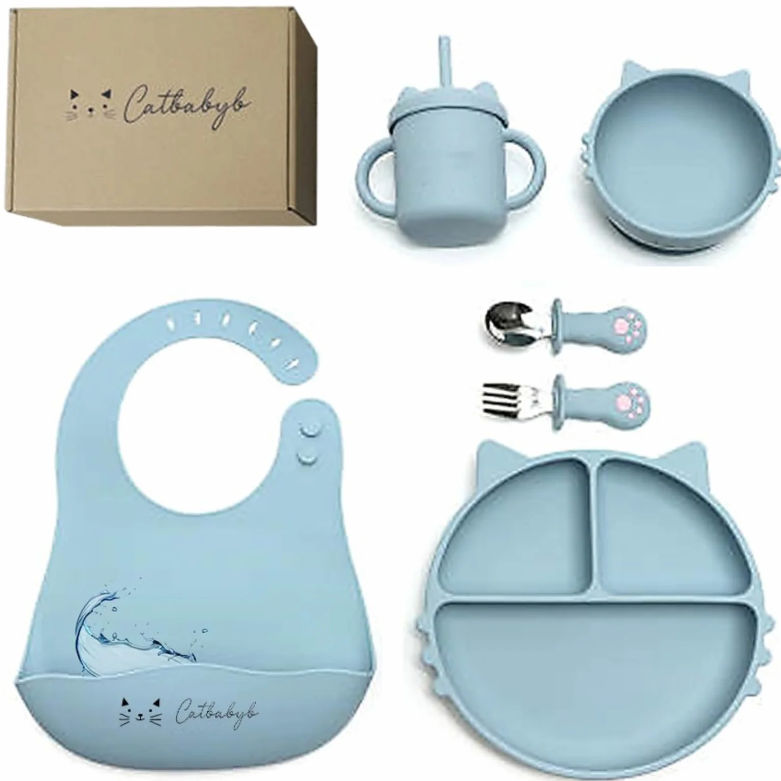 Silicone coffret repas bébé lot de 6 assiette ventouse 3 compartiments set couverts bol ventouse bavoir réglable tasse apprentissage