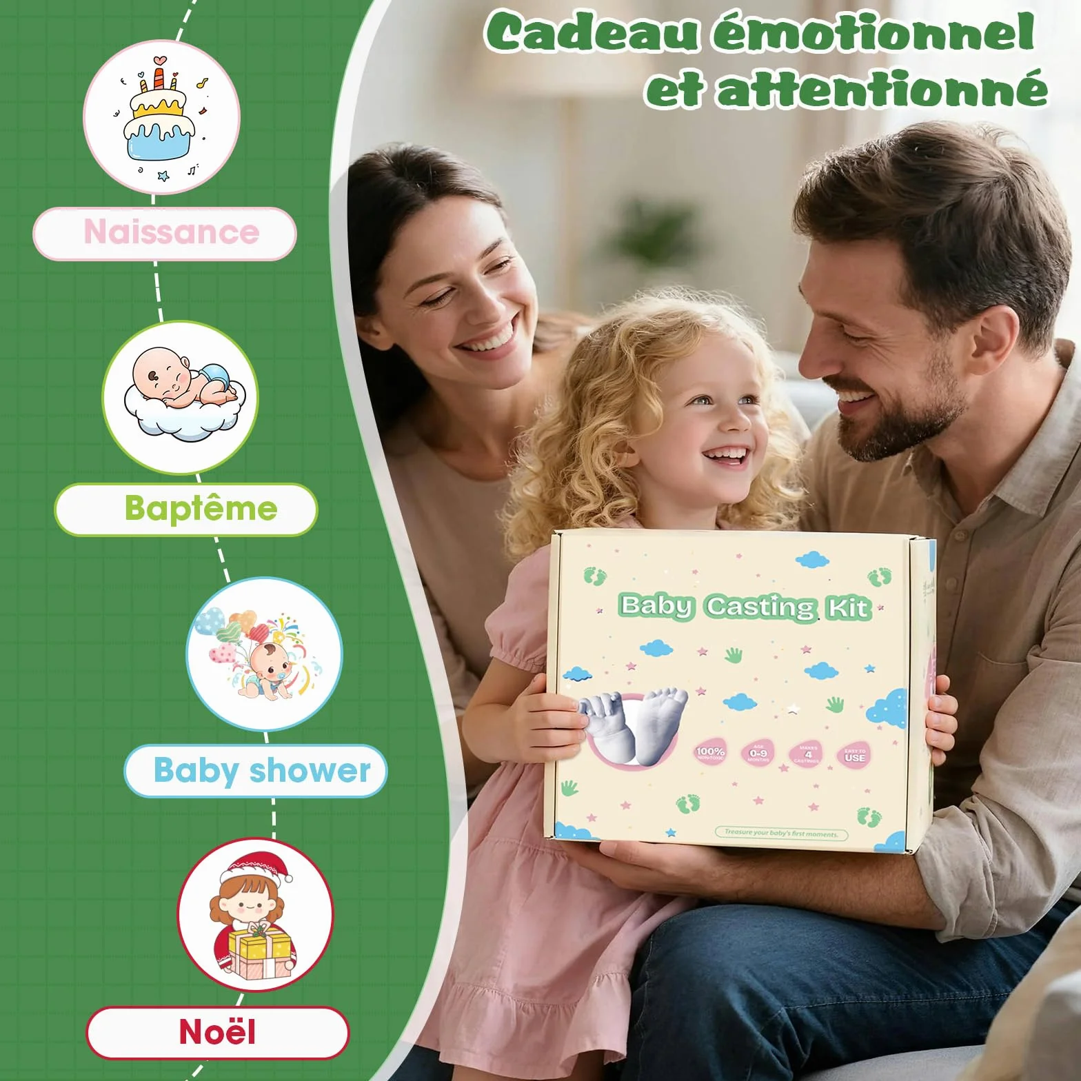 Empreinte Main Pied Bebe 0-9 Mois Kit de Moulage 3D 4 Moulages avec Peintures Non Toxique Souvenirs Personnalisés Cadeau Naissance