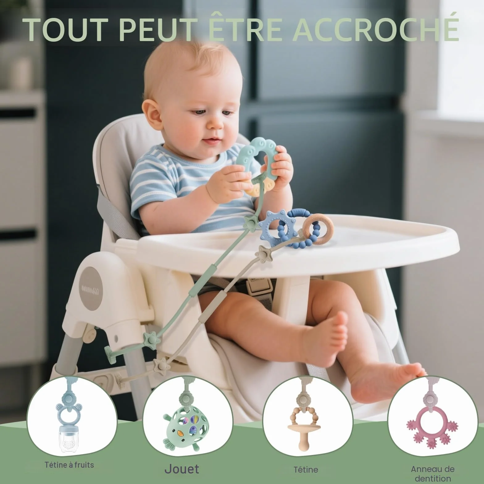 Lot de 5 attache-tétines en silicone avec clip réglable - Chaîne de poussette - Sans BPA