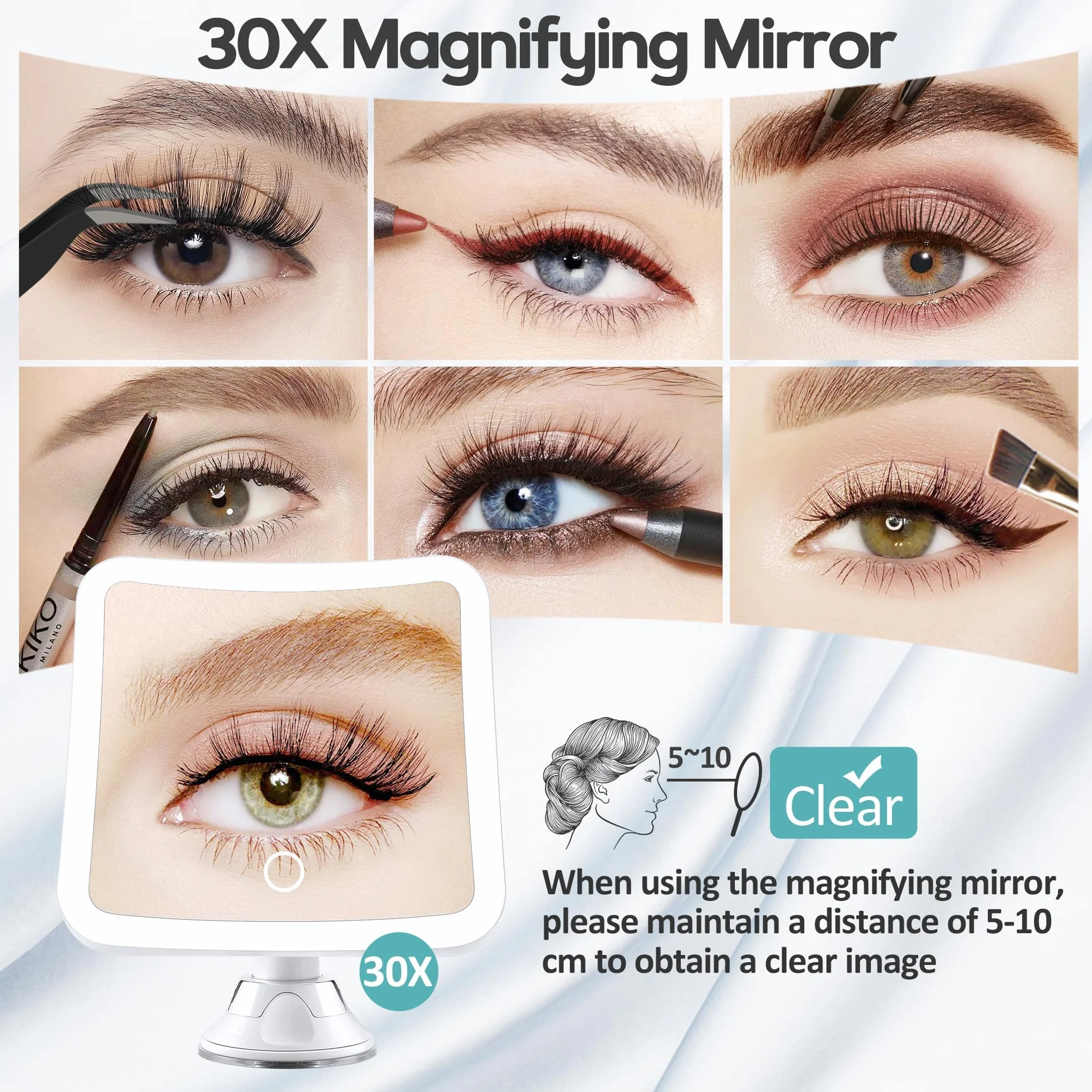 Miroir grossissant 30x avec lumière, maquillage lumineux rechargeable, contrôle tactile, rotation 360°, carré salle de bain voyage