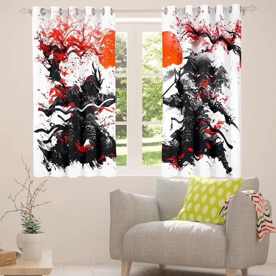Rideaux de fenêtre samouraï japonais, aquarelle rouge fleurs de cerisier rideaux de décoration d'intérieur, tournesols peinture à l'encre noire, rideaux de fenêtre durables pour enfants