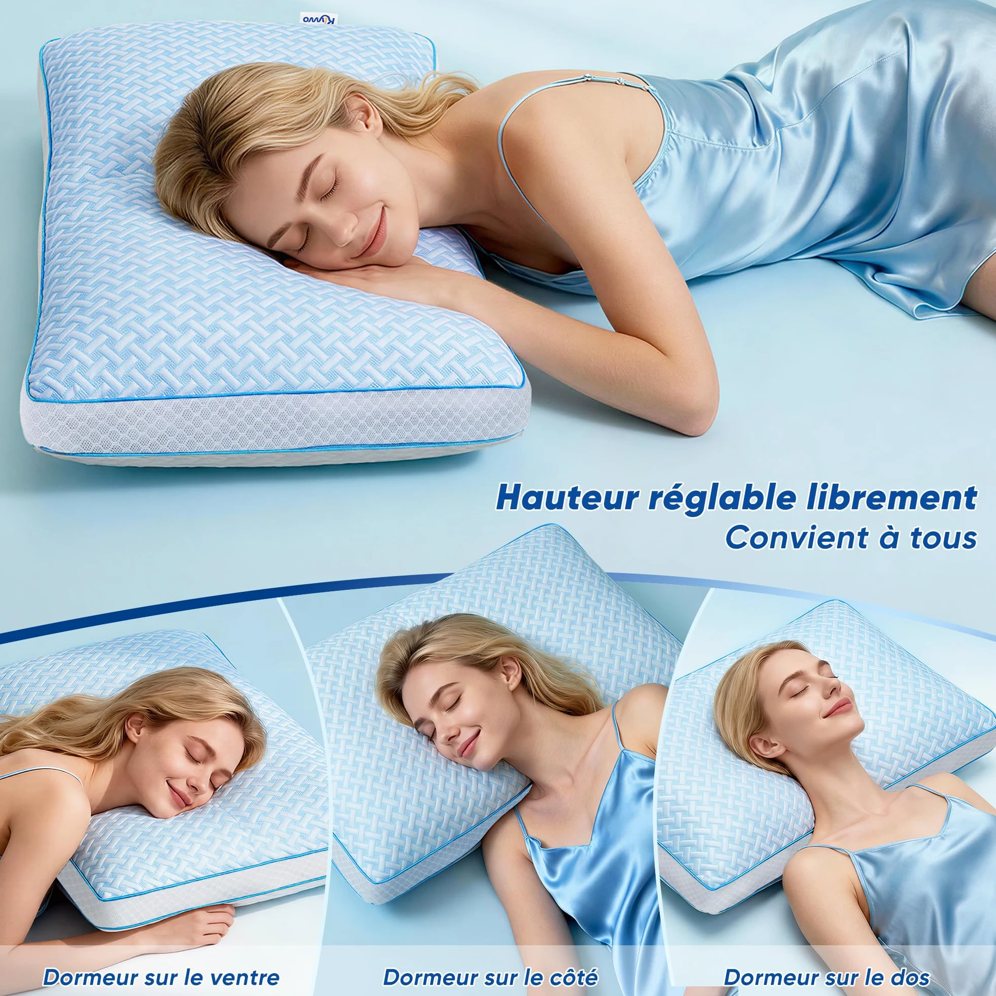 Oreiller mémoire de forme Gel – Oreiller 50x70 cervical à hauteur réglable, coussin respirant confortable, régulation thermique bi-face, avec housse amovible lavable, idéal pour toutes positions