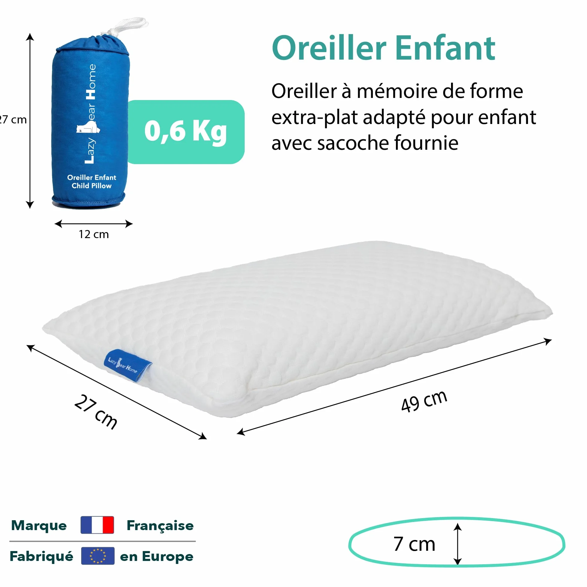 Oreiller Memoire Forme Enfant 2 Ans+ Ergonomique Cervical Sécurisé Hypoallergénique Certifié Oeko-TEX 49x27x7cm