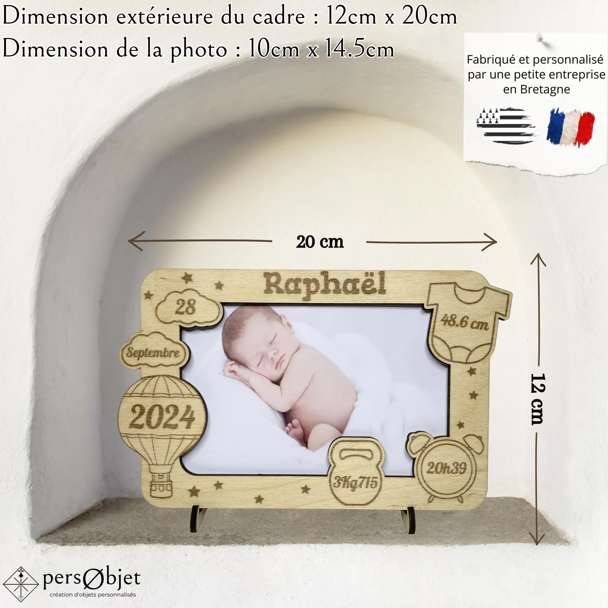 Cadre Photo Naissance Bois Personnalisable Montgolfière - Souvenir Bébé - Décoration Chambre Bébé