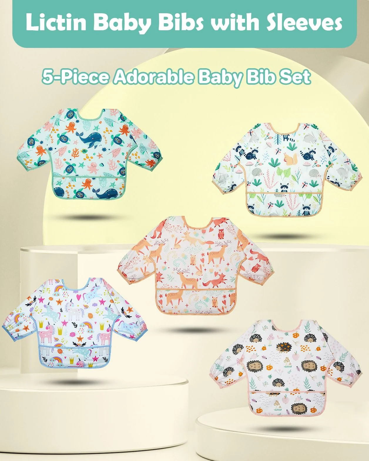 Bavoirs Manches Longues 5PCS Etanches Blouse Peinture Enfant Tablier d'Alimentation Multicolore 0-2ans
