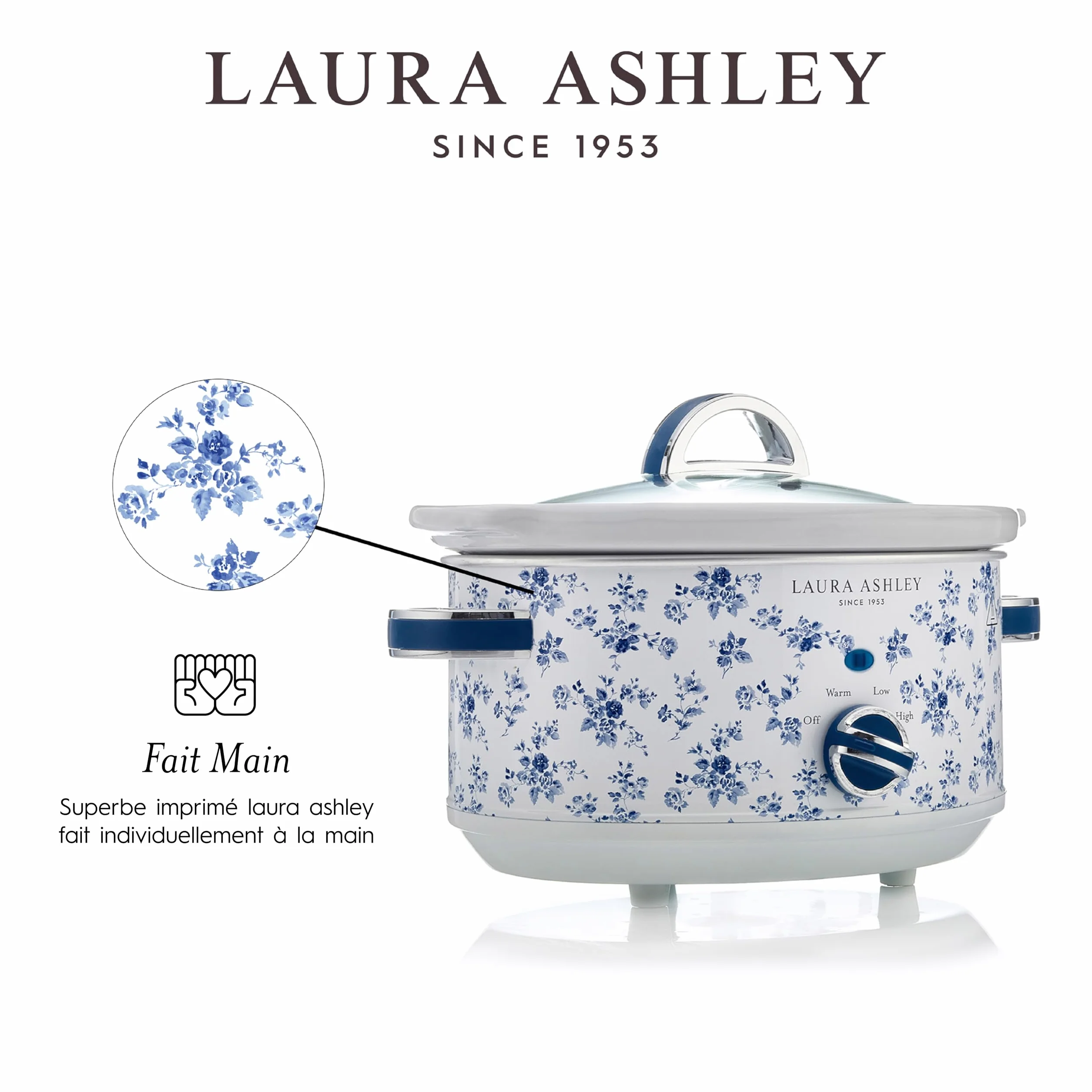 Laura Ashley Mijoteuse Electrique 6,5 Litres Imprimé China Rose VQ Slow Cooker 8-10 Personnes 3 Réglages Température Couvercle Verre Trempé