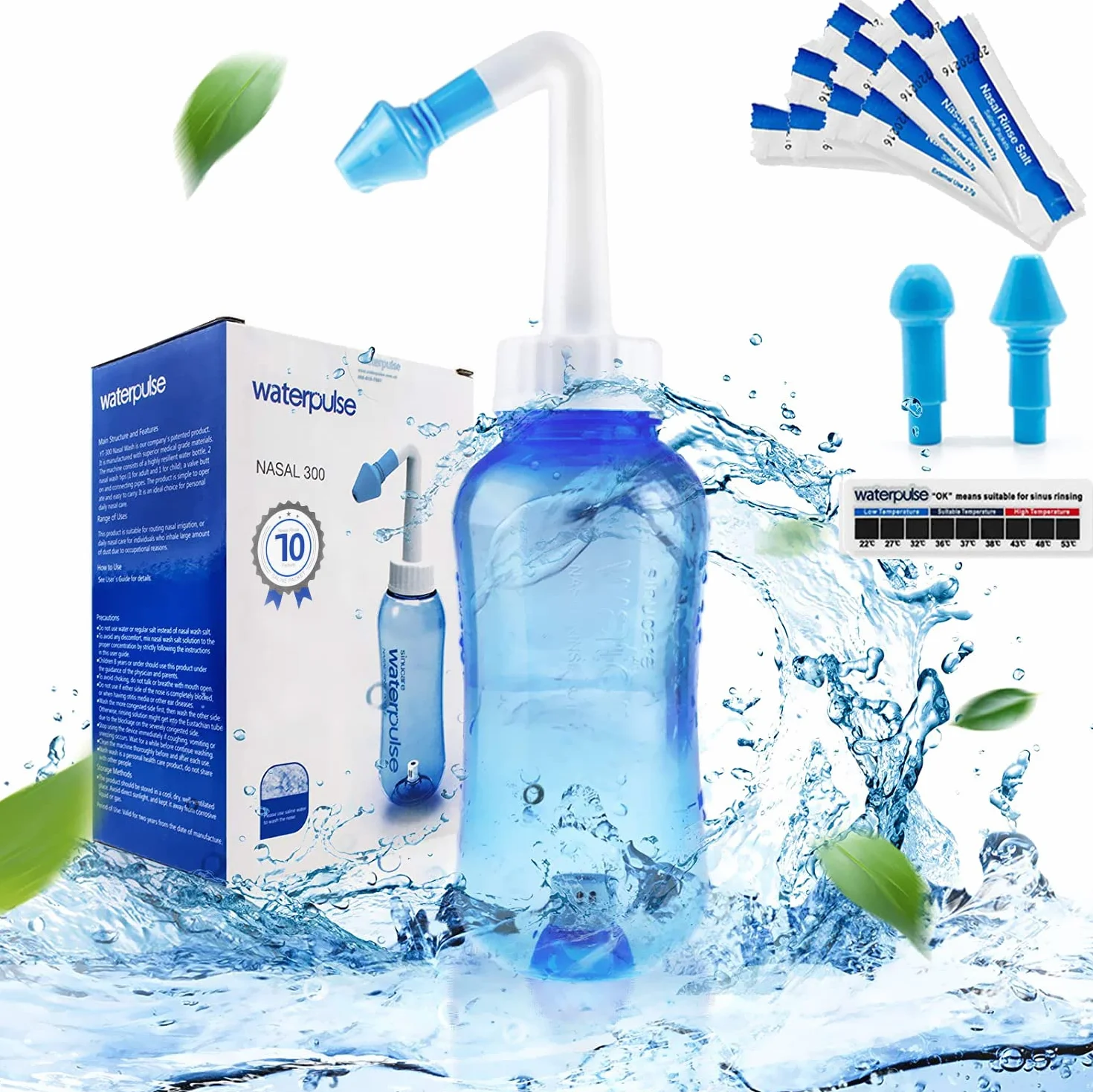 WATERPULSE Neti Pot Sinus Douche nasale 300 ml avec 10 sachets sel rinçage nasal thermomètre autocollant sans BPA bleu
