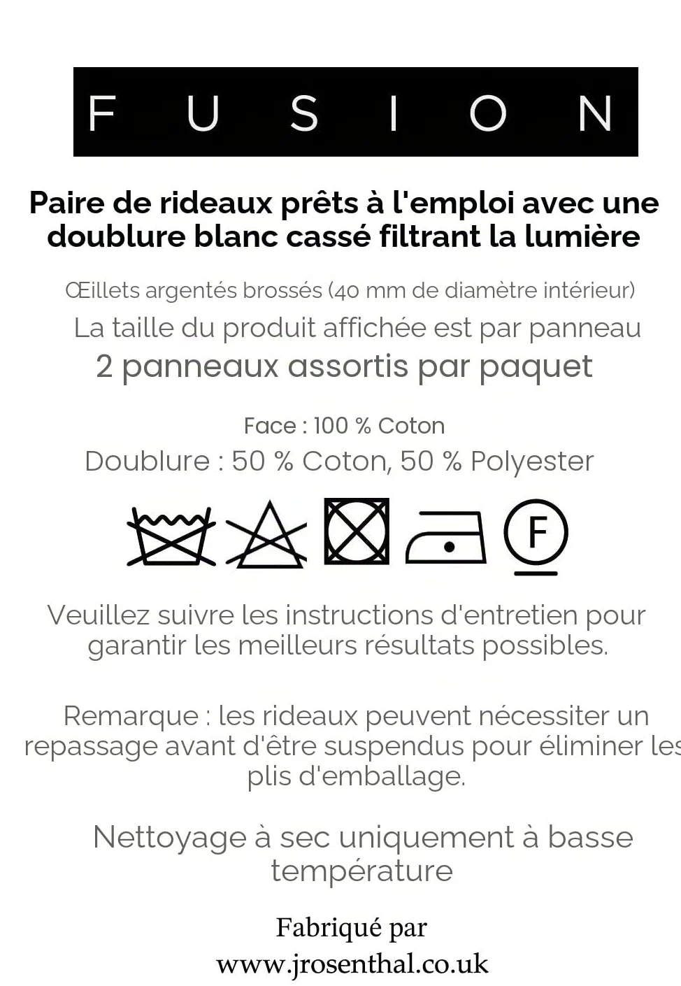 Fusion - Sorbonne – Paire de Rideaux à œillets 100% Coton – 168 x 228 cm (l x H) en Blanc