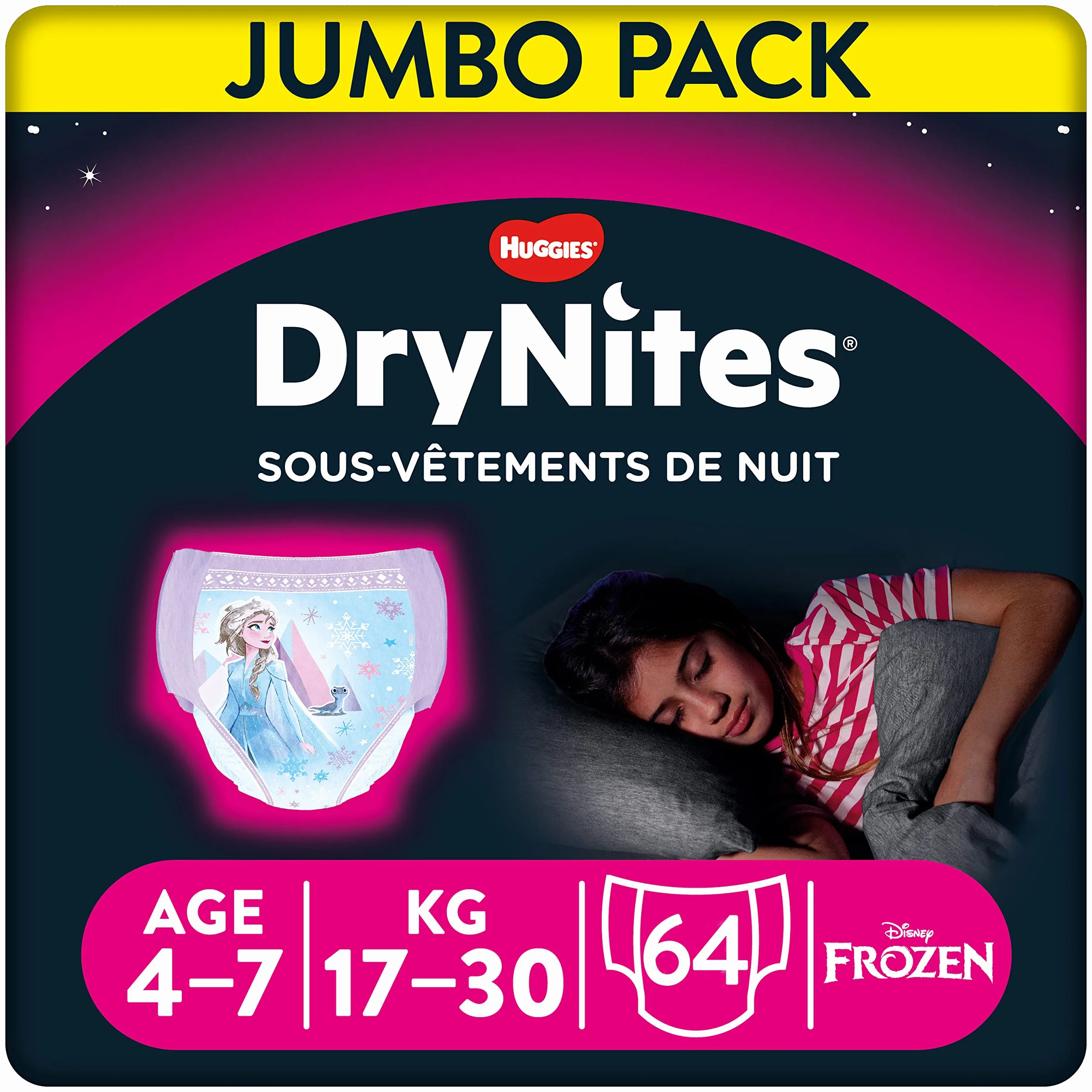 Huggies Drynites 4-7 ans Fille (17-30kg) Sous-Vêtements de Nuit Absorbants x64 Culottes