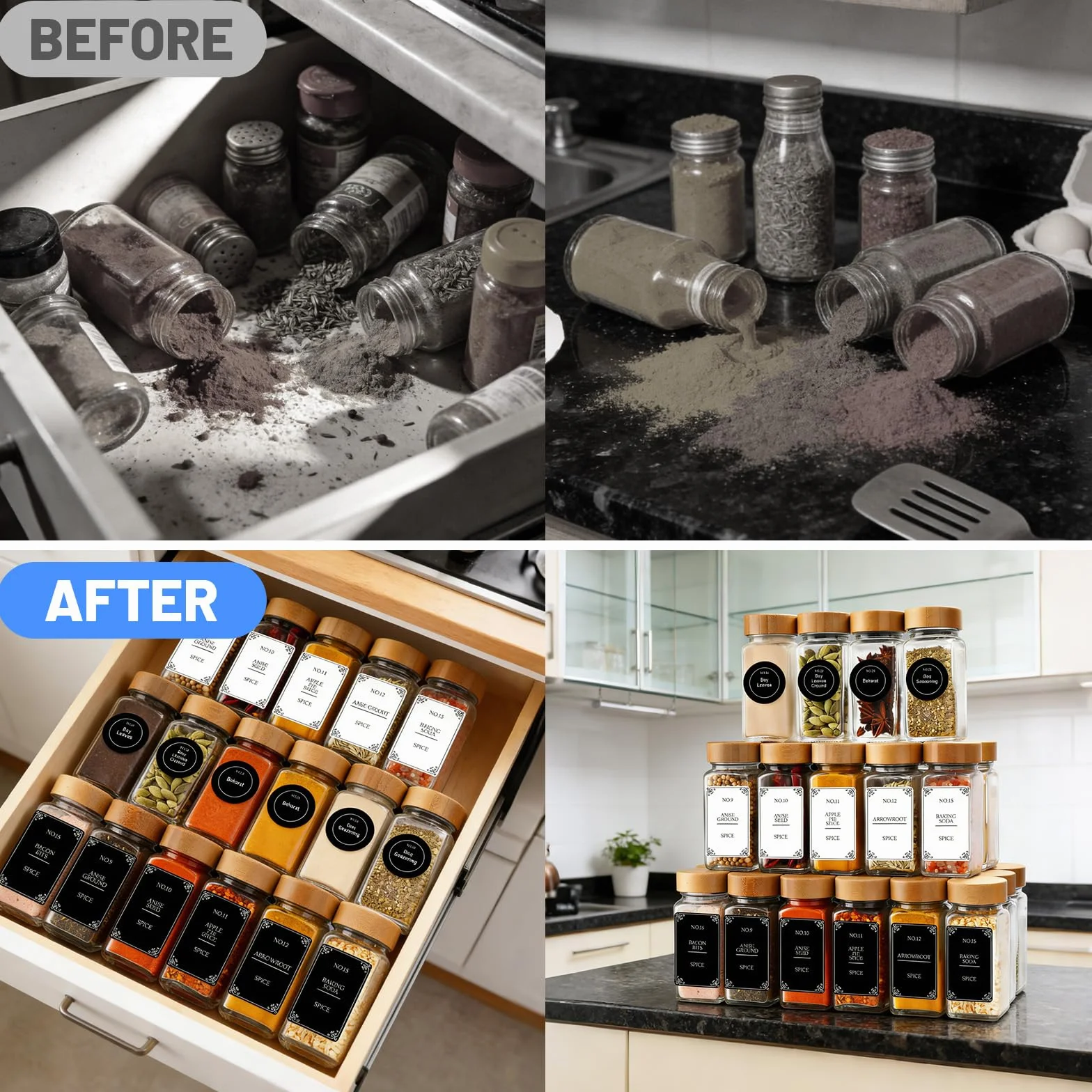 Pot à Épices en Verre 120 ml avec Couvercles, Bocaux Hermétiques Carrés avec Entonnoir et 648 Étiquettes