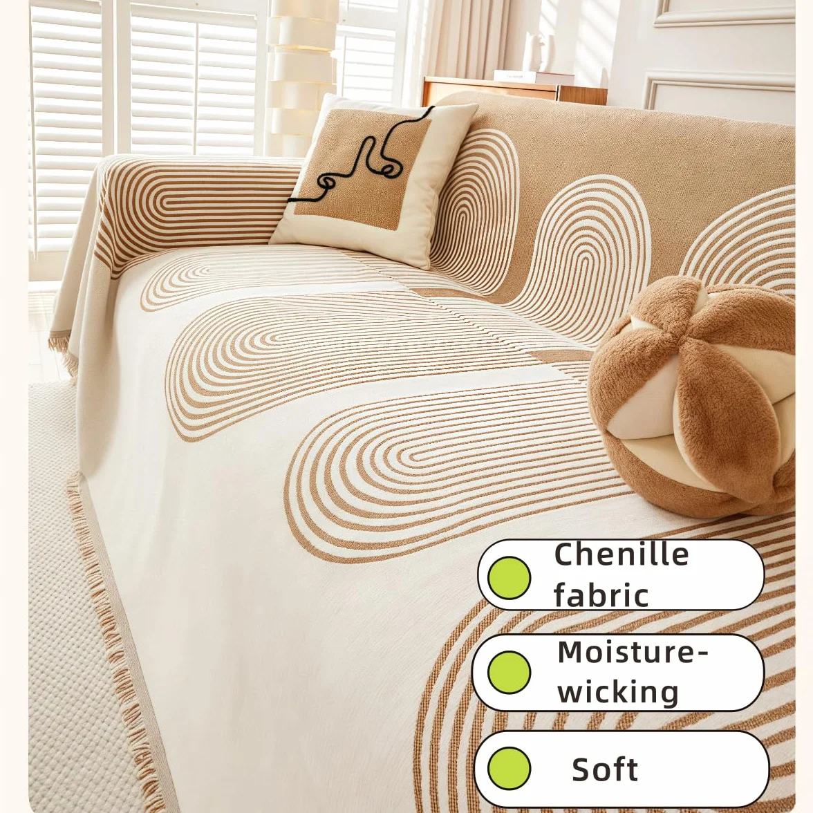 Boho Elegance Chenille Sofa Cover, Reversible Double-Sided Microfiber Couch Cover, Pet-Friendly, Washable, Anti-Cat Scratching, 70.8x59 in