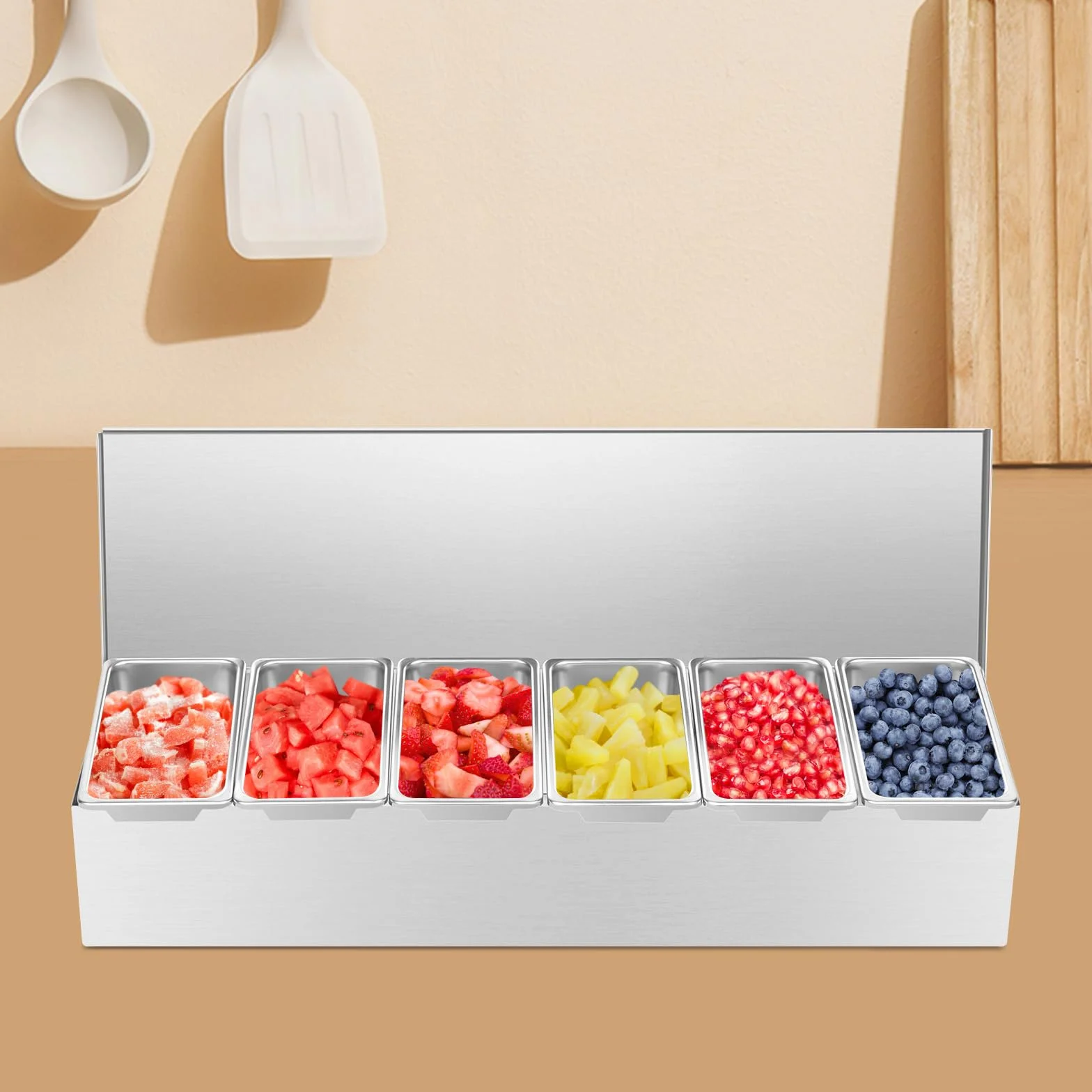 Boîte à épices acier inoxydable 6 grilles compartiments amovibles pour buffet bar salade restauration