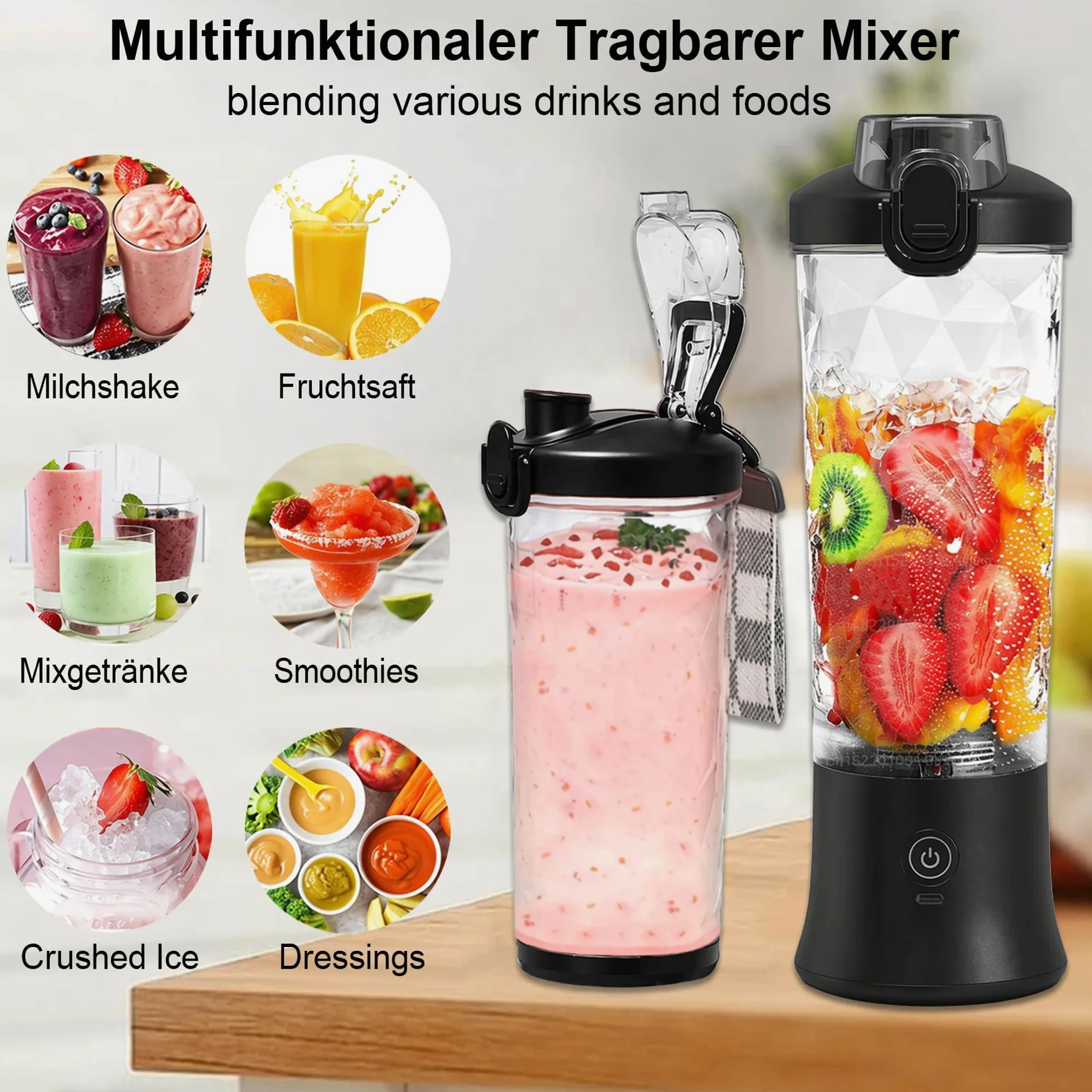 Mélangeur portable de 591 ml, 240 W rechargeable par USB avec écran LED, modes impulsion et mélange, étanchéité IPX7, sans BPA, presse-agrumes de voyage pour shakes, broyage de glace, sport et plein