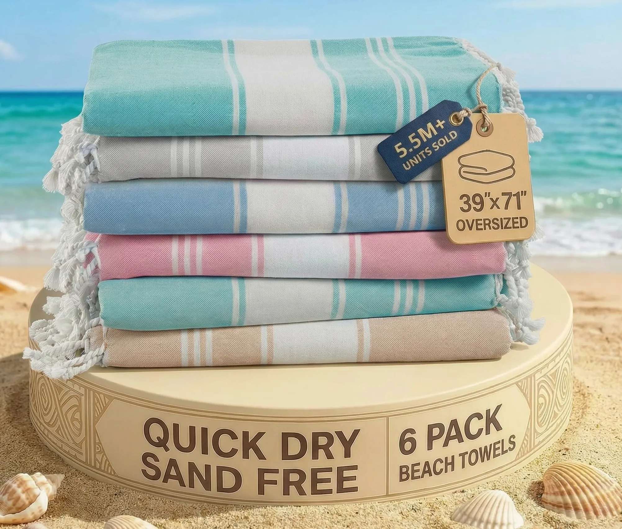 LANE LINEN Lot de 6 serviettes de plage turques pour femme – Prélavées, anti-rétrécissement, anti-sable, à séchage rapide, légères et douces, 99,1 x 180,3 cm – Plage vintage