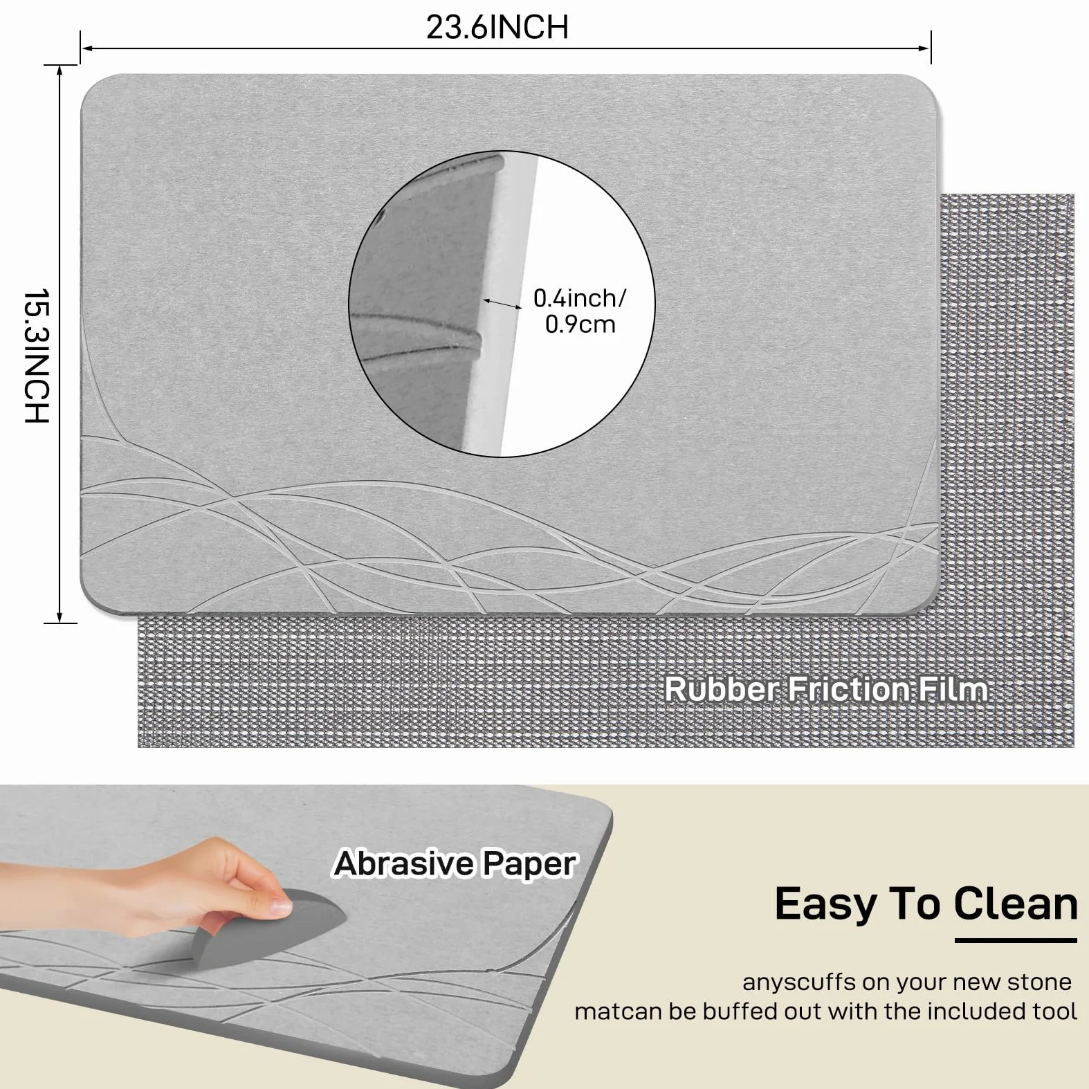 Tapis de bain en pierre super absorbant, terre de diatomée naturelle, 60 x 39 cm, antidérapant, séchage rapide
