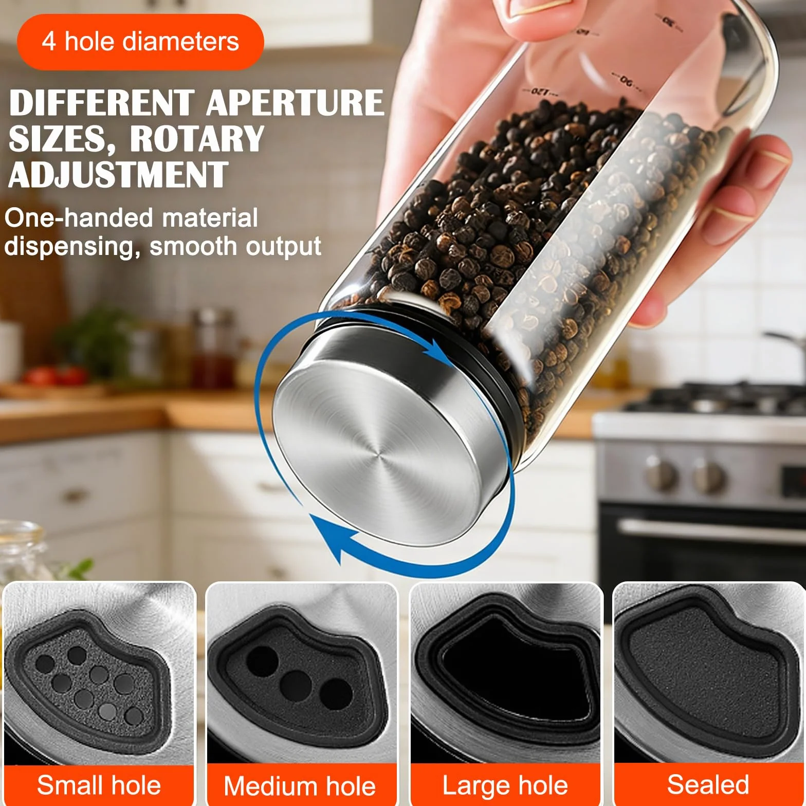Lot de 4 pots à épices 200 ml en verre borosilicate avec couvercle rotatif acier inoxydable 304 pour cuisine