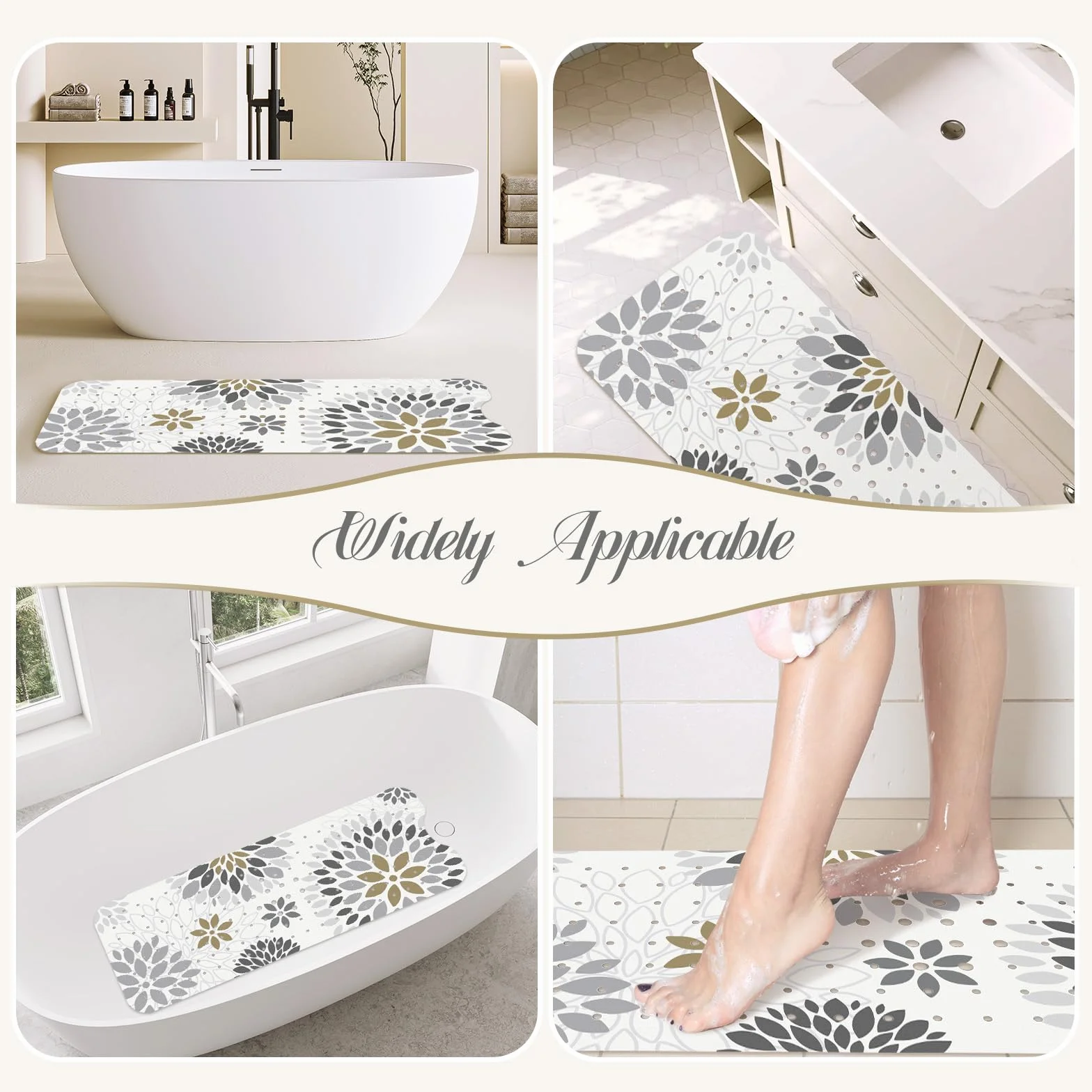 Tapis de Bain Antidérapant 100 x 40cm, SHUCHING, Lavable en Machine et Résistant à la Moisissure, Sans BPA, Fleurs Grises